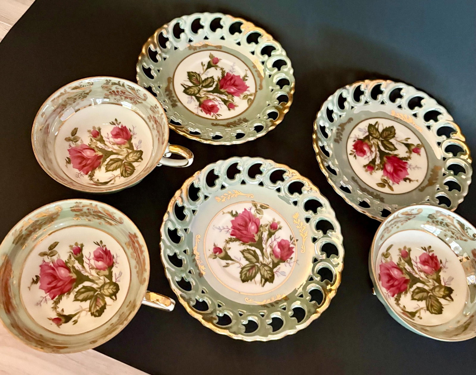 Vintage Royal Sealy Teacup & Saucer: Iridescent Green China With Pink Roses - Sold Individually Per - 5
