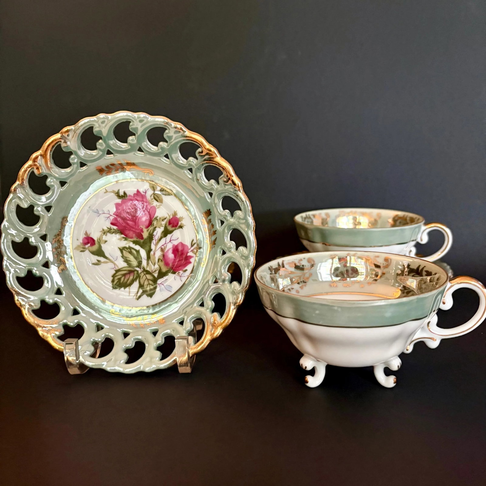 Vintage Royal Sealy Teacup & Saucer: Iridescent Green China With Pink Roses - Sold Individually Per - 6