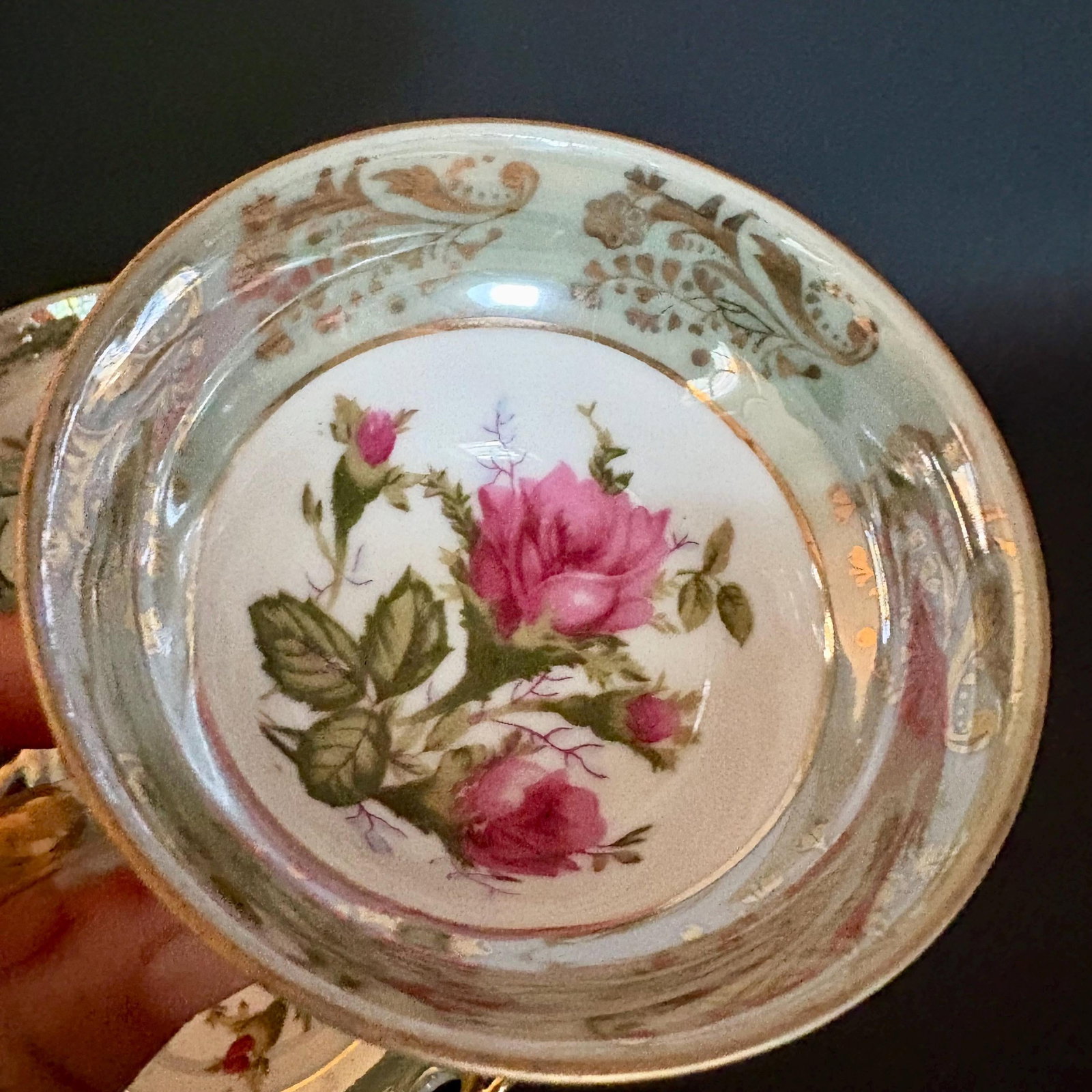 Vintage Royal Sealy Teacup & Saucer: Iridescent Green China With Pink Roses - Sold Individually Per - 7