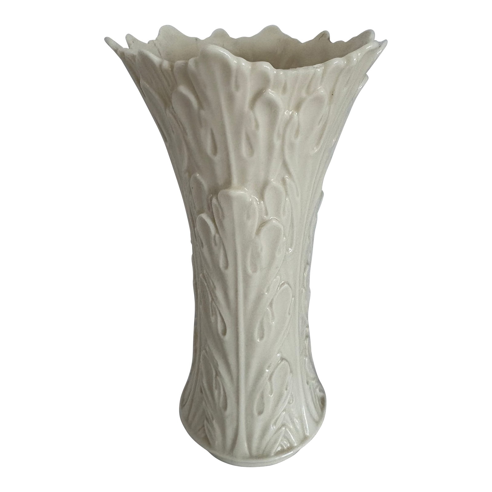Vintage Lenox Ivory Porcelain Vase With Sculpted Foliate Relief, Usa Neoclassical Decor: Elegant vintage porcelain vase by Lenox, crafted in the United States and finished in the brand's signature warm ivory glaze. The form features sculpted foliate relief throughout with a softly