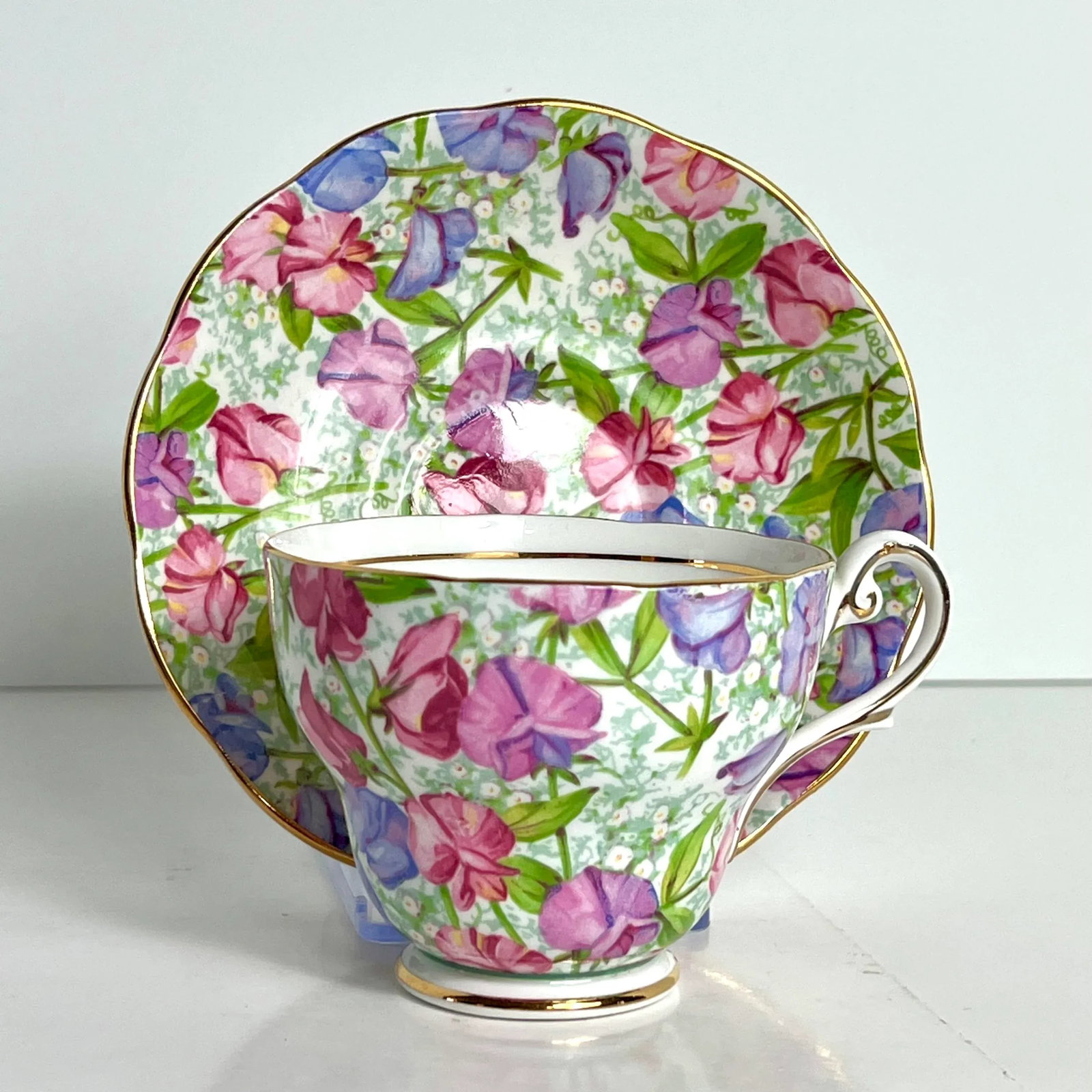 Vintage Sweet Pea Tea Cup & Saucer, April Birthday Flower of the Month, Royal Standard Bone China, E - 2