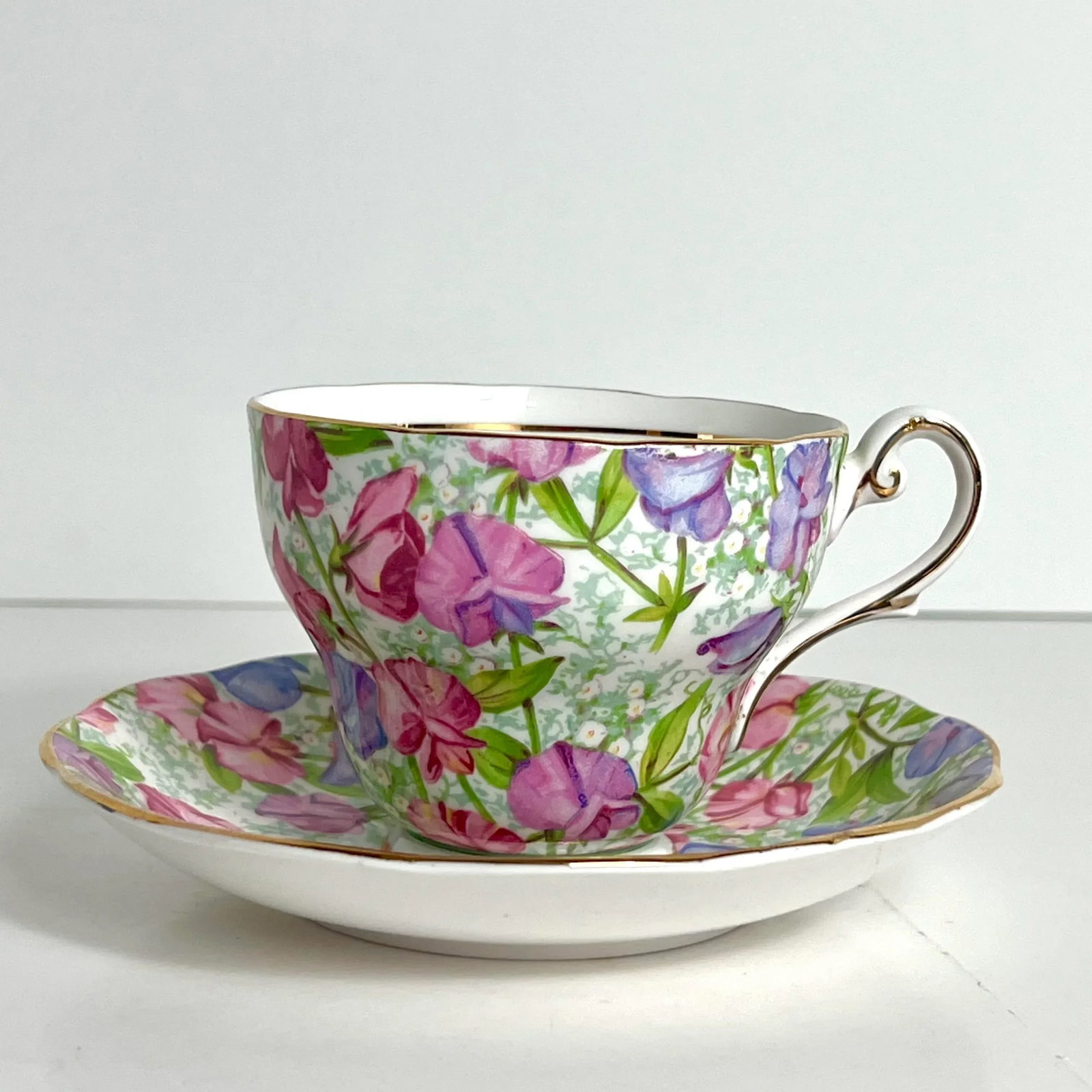 Vintage Sweet Pea Tea Cup & Saucer, April Birthday Flower of the Month, Royal Standard Bone China, E - 4