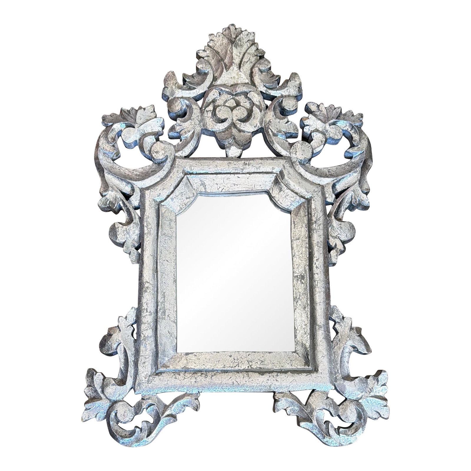Rococo Silver Leaf Gilded Mirror: Small Rococo Silver Leafed Mirror. Condition: Alterations: Original Condition Unaltered Imperfections: Some Imperfections Condition Notes: Item is in great condition. Ready to hang! Origin: United