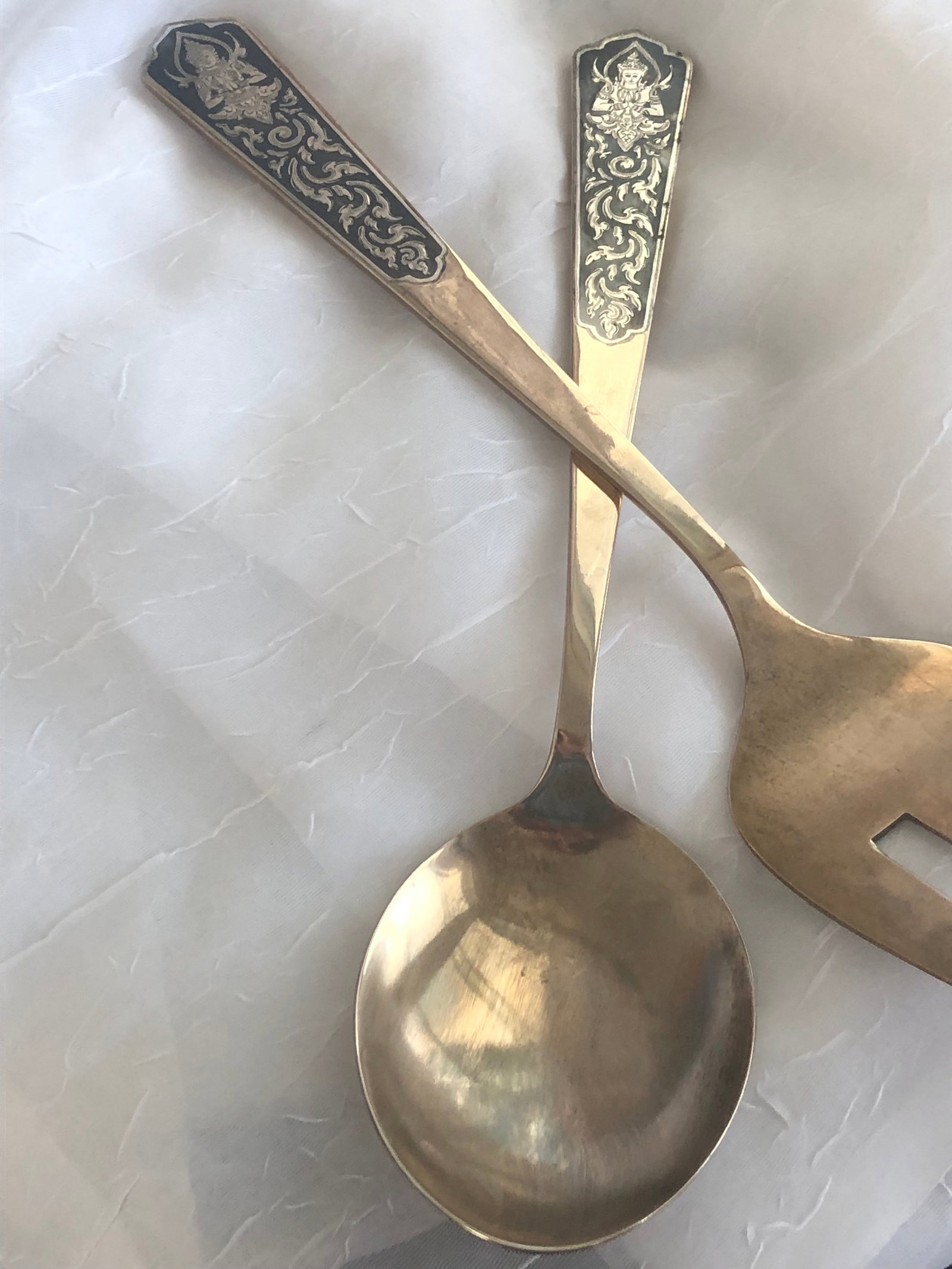 Vintage Siam Engraved Sterling Silver and Brass Serving Utensils Thailand - 3