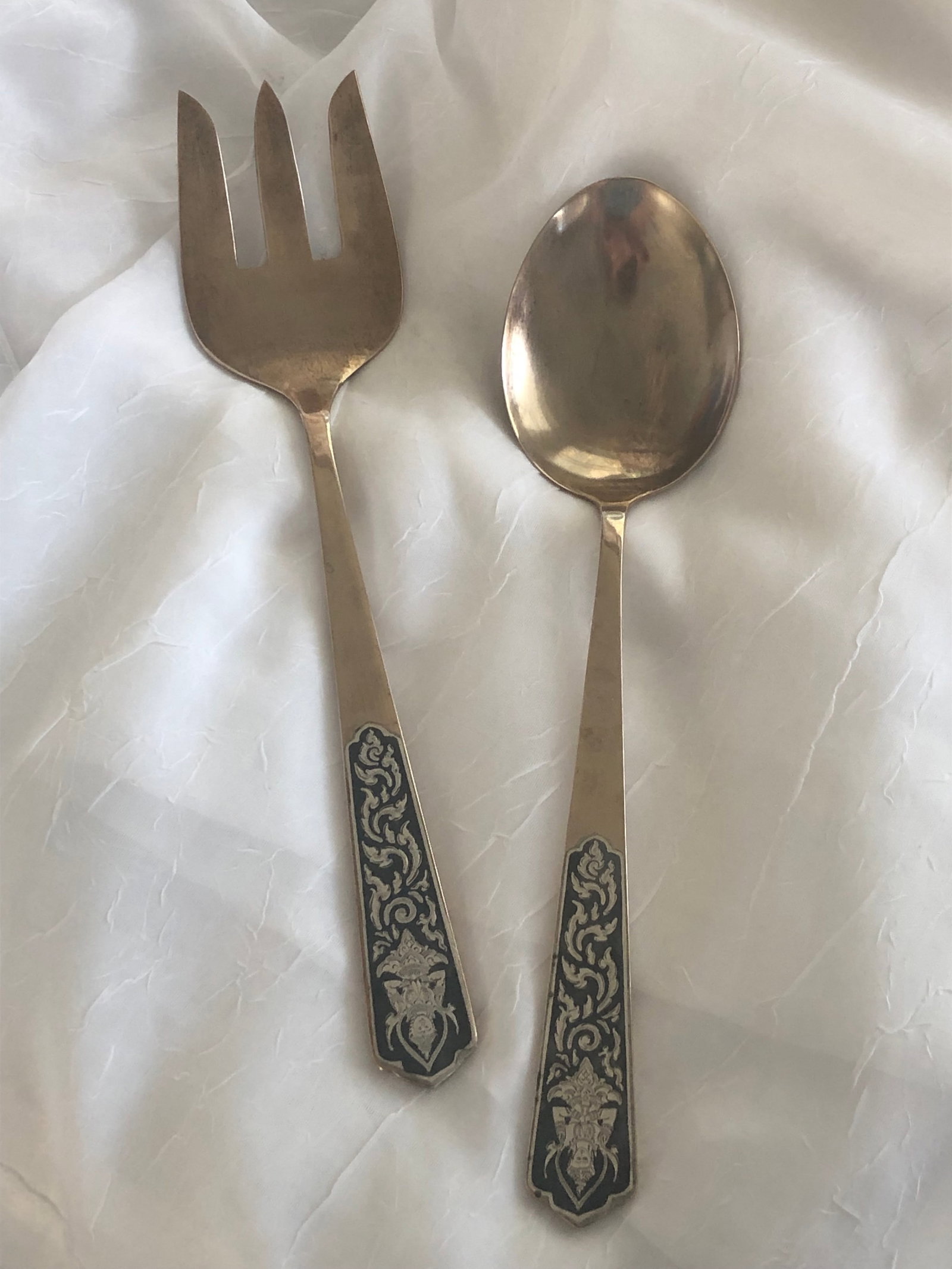 Vintage Siam Engraved Sterling Silver and Brass Serving Utensils Thailand - 7