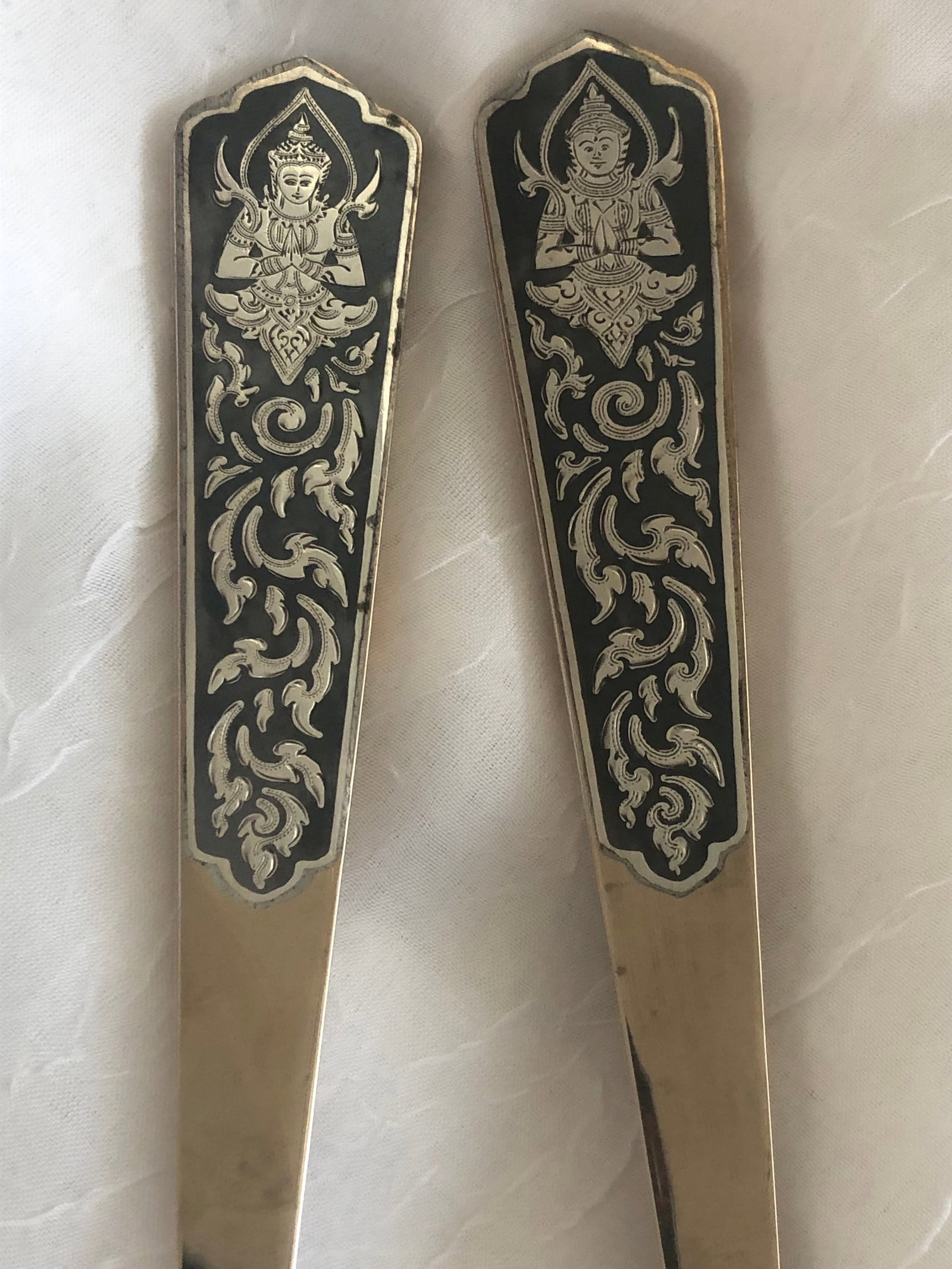 Vintage Siam Engraved Sterling Silver and Brass Serving Utensils Thailand - 8