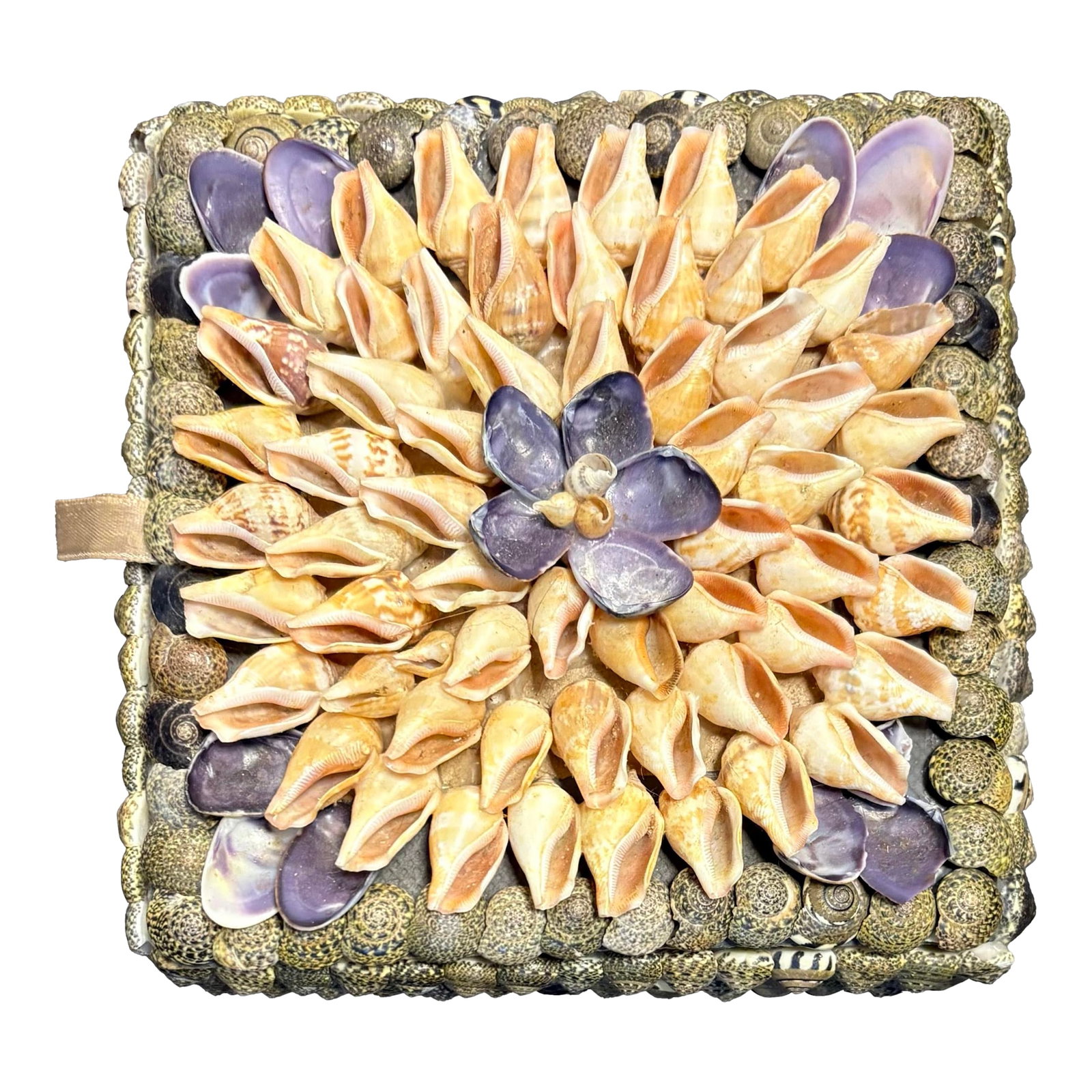 Vintage Handmade Shell Art Box With Floral Mosaic Lid | Coastal Boho Decorative Storage: Handcrafted vintage shell art box featuring an intricate floral mosaic lid composed of natural conch and clam shells, with fully shell-encrusted sides and a hinged top. The interior is fabric-lined