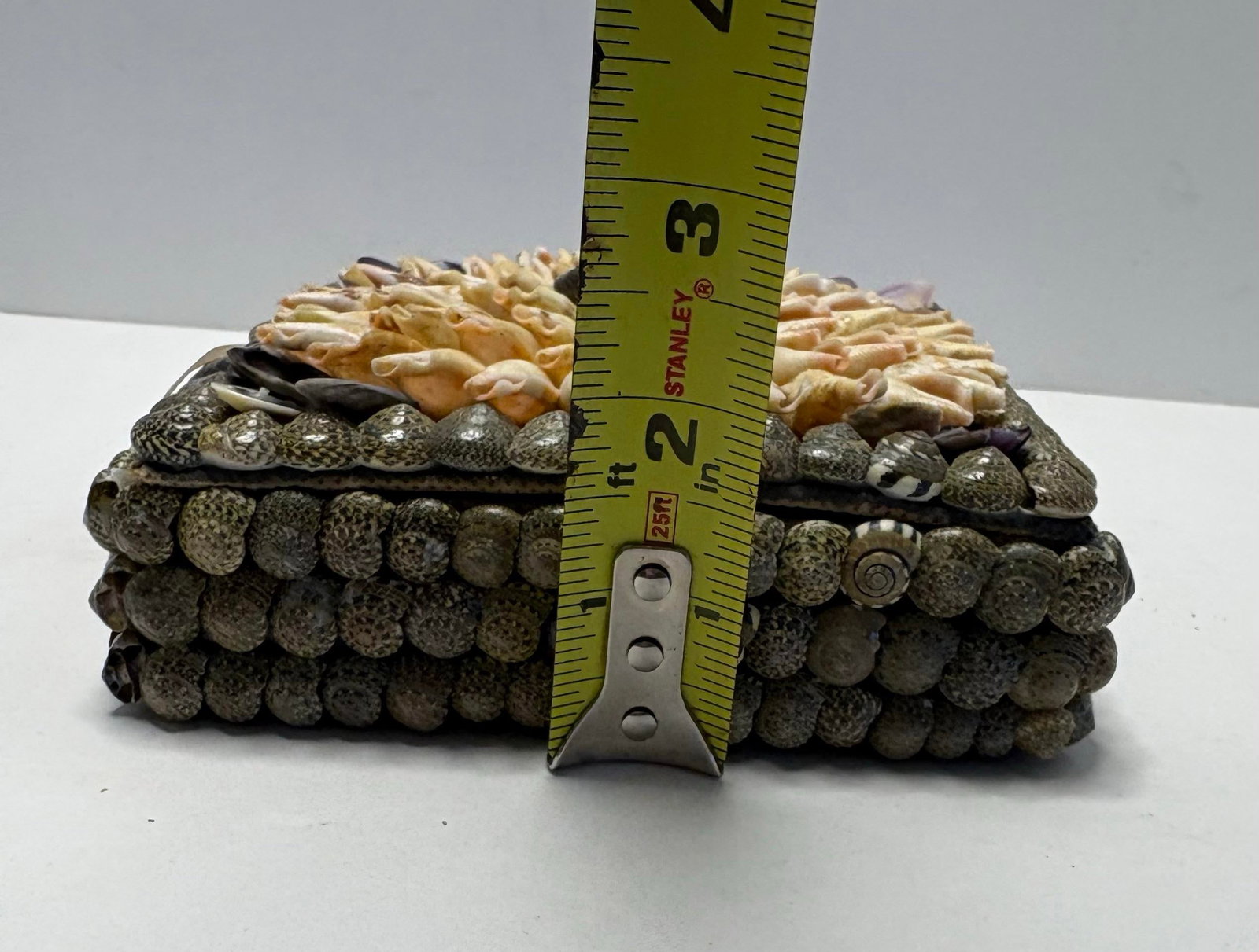 Vintage Handmade Shell Art Box With Floral Mosaic Lid | Coastal Boho Decorative Storage - 2