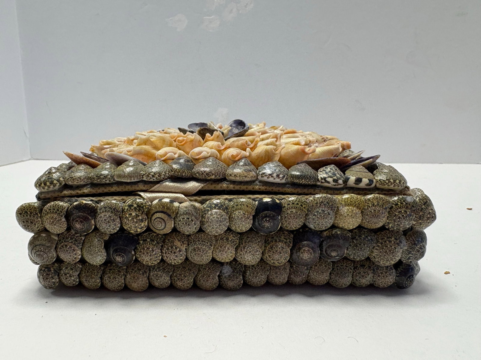 Vintage Handmade Shell Art Box With Floral Mosaic Lid | Coastal Boho Decorative Storage - 3