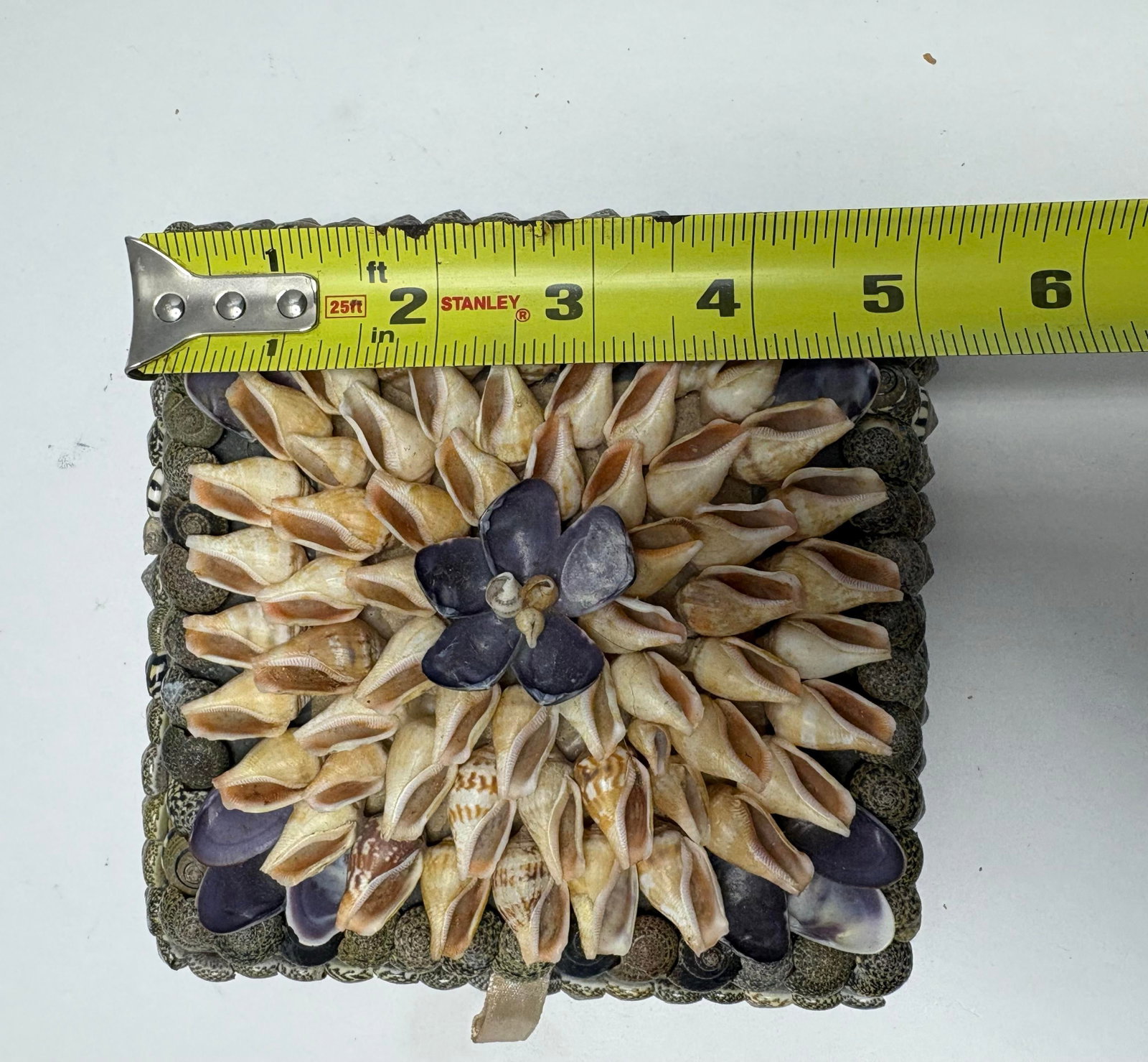 Vintage Handmade Shell Art Box With Floral Mosaic Lid | Coastal Boho Decorative Storage - 4