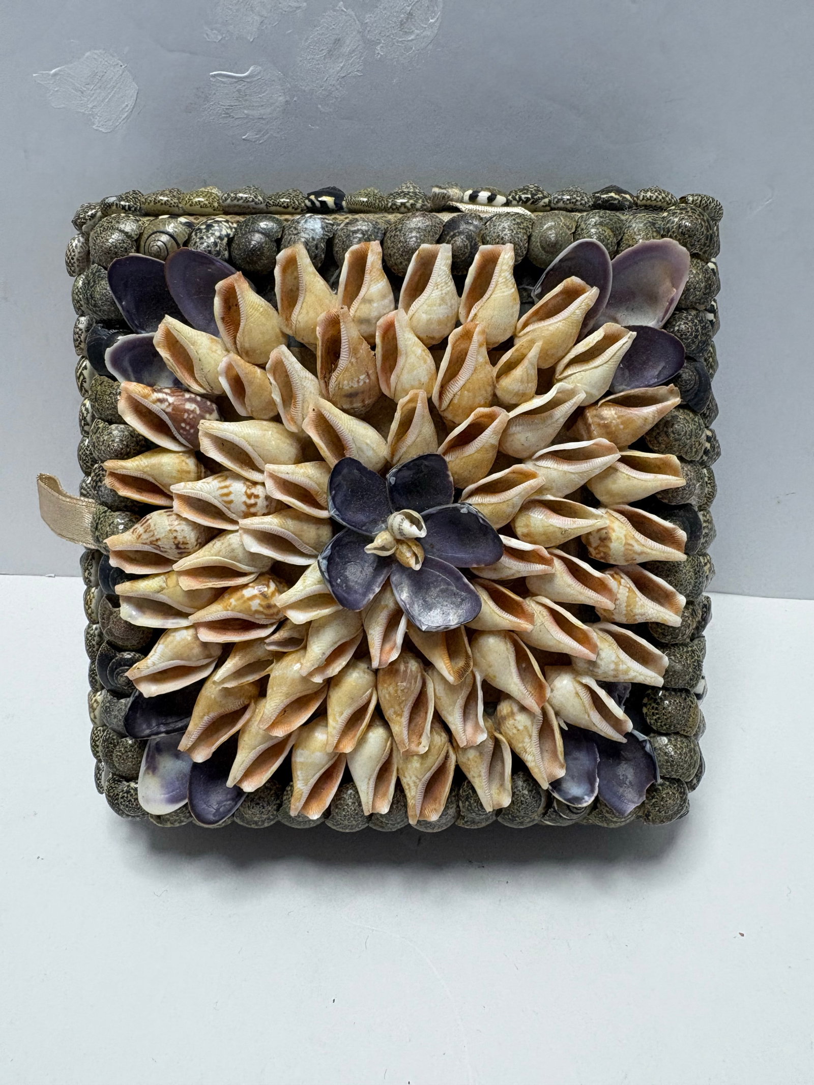 Vintage Handmade Shell Art Box With Floral Mosaic Lid | Coastal Boho Decorative Storage - 5