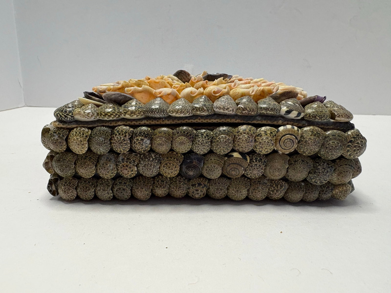 Vintage Handmade Shell Art Box With Floral Mosaic Lid | Coastal Boho Decorative Storage - 9