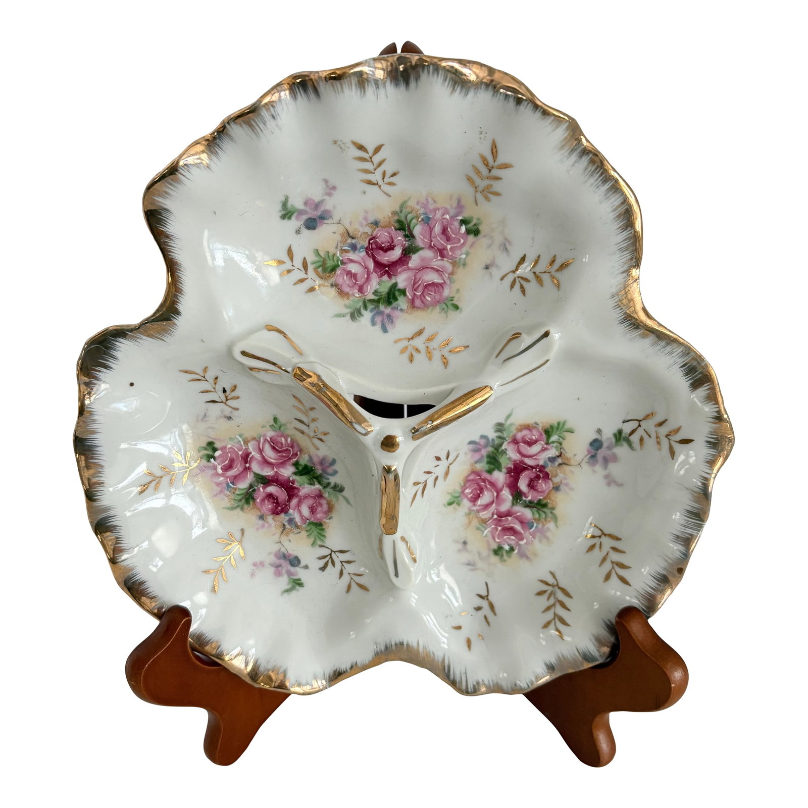 Vintage Japanese Porcelain Divided Dish With Pink Roses & Gold Gilt Trim Hollywood Regency Decor: A charming vintage Japanese porcelain divided dish, beautifully hand-painted with romantic pink roses and accented by delicate gilt foliage and a softly scalloped, gold-brushed rim. The sculptural