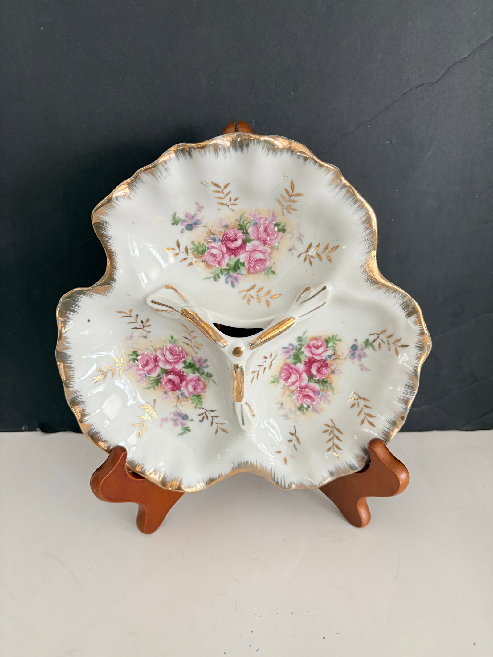 Vintage Japanese Porcelain Divided Dish With Pink Roses & Gold Gilt Trim Hollywood Regency Decor - 6