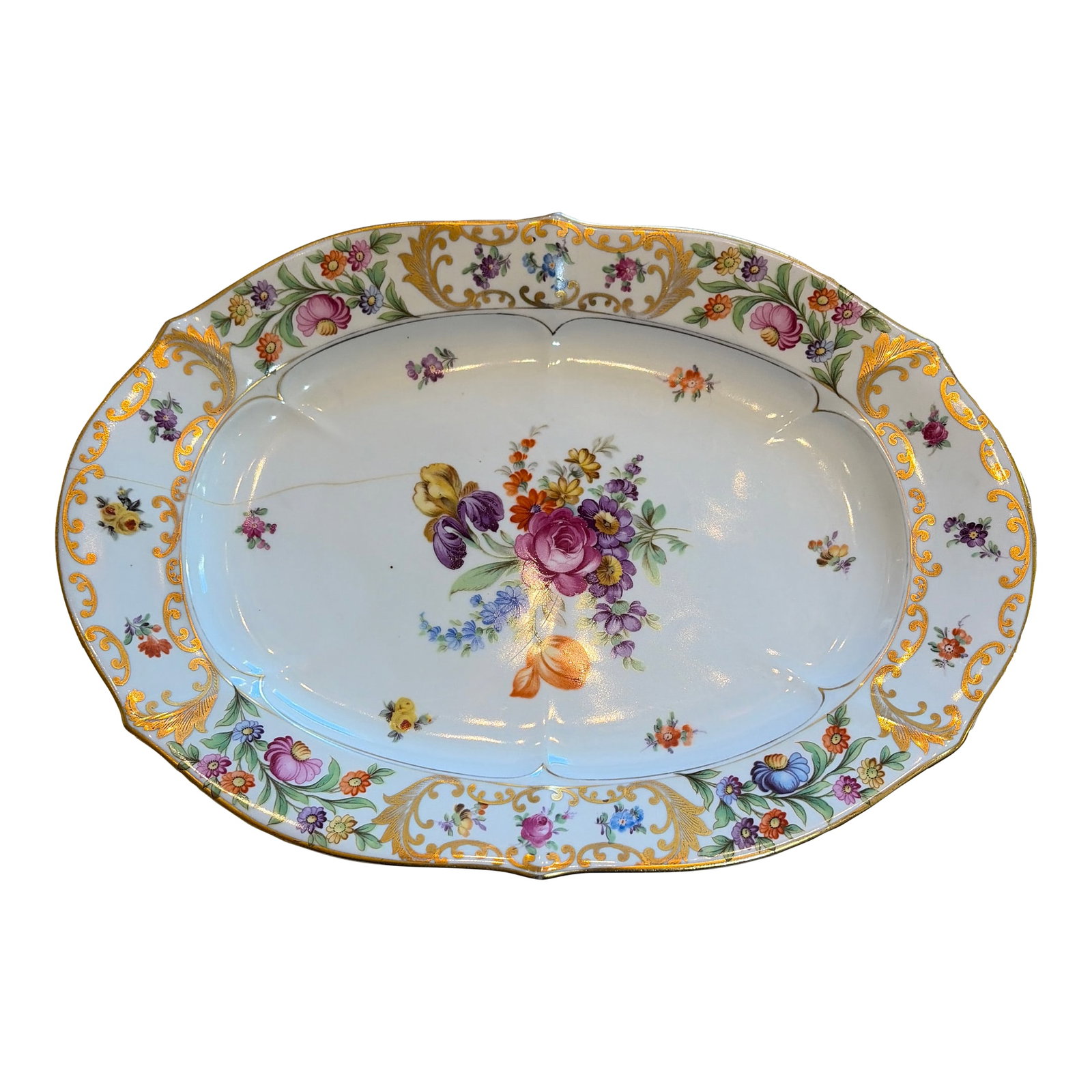 Early 20th Century Floral and Gold Hand Painted Serving Platter: Beautiful hand, painted floral and gold trim serving planner believed to be Schumann Bavarian pattern. This piece is unmarked. Condition: Alterations: Original Condition Unaltered Imperfections: Some 