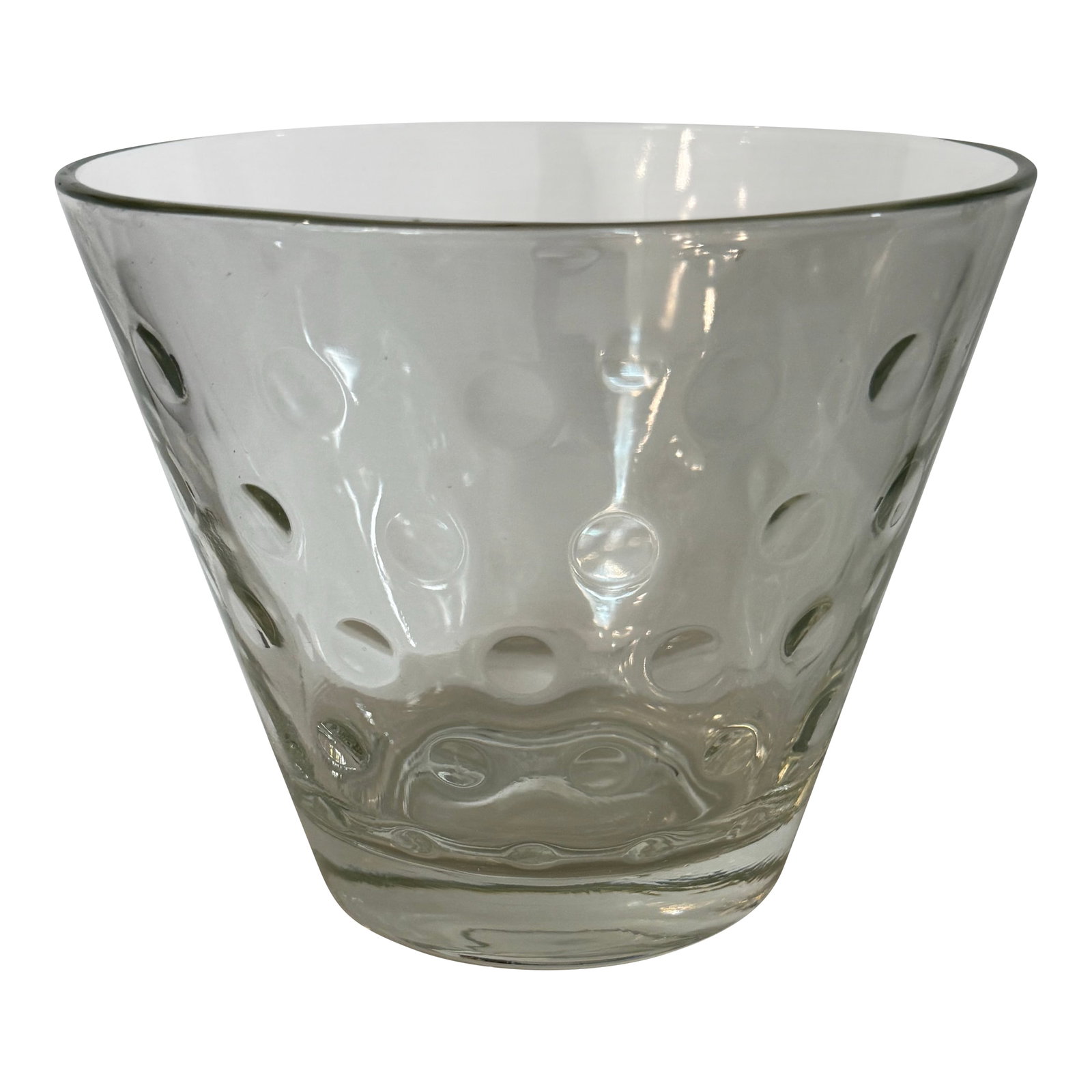 Mid 20th Century Hand-Blown Clear Art Glass Optic Bubble Bowl / Ice Bucket Style Cooler 5"t X 6"d: This mid-century hand-blown art glass bowl showcases a sculptural optic bubble pattern created through controlled air pocket techniques common in European and studio glass of the 1950s-1970s. The