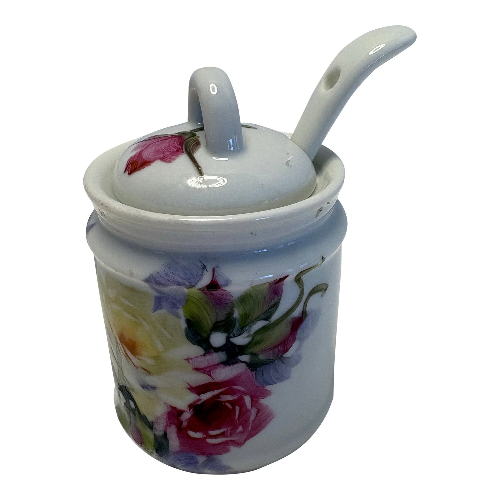 Mid 20th Century Floral Porcelain Jam Pot With Matching Spoon: *Vintage porcelain jam or preserve pot *Three-piece set: pot, lid, and matching spoon *Floral rose and mixed botanical decoration *Integrated spoon opening in lid *Glossy glazed finish --- Dimensions