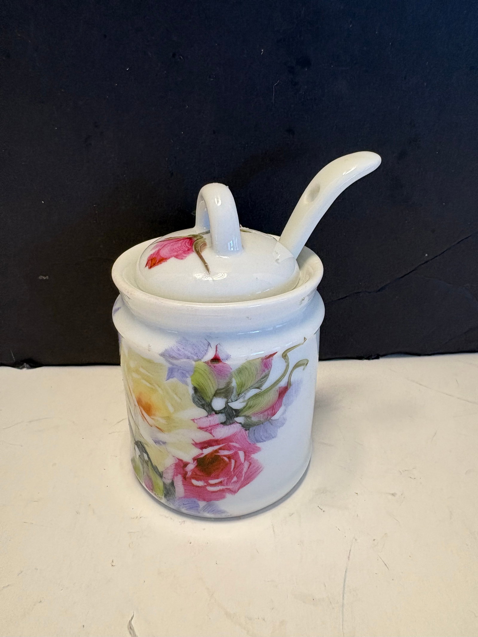 Mid 20th Century Floral Porcelain Jam Pot With Matching Spoon - 2