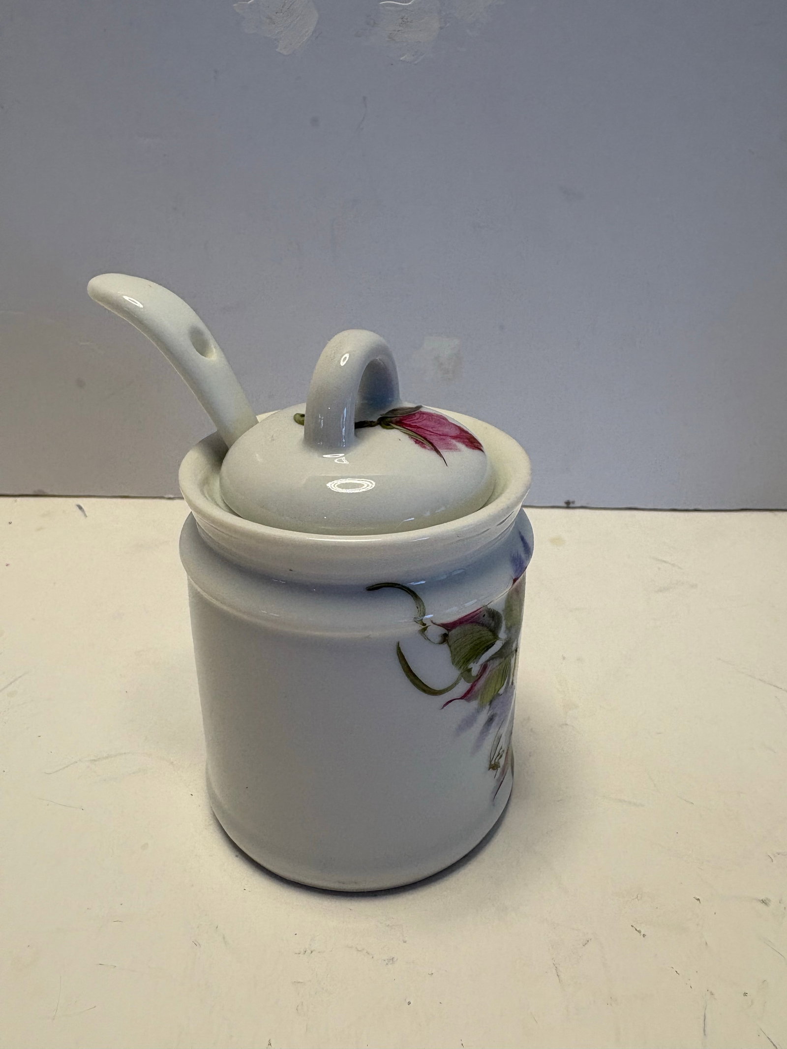 Mid 20th Century Floral Porcelain Jam Pot With Matching Spoon - 3