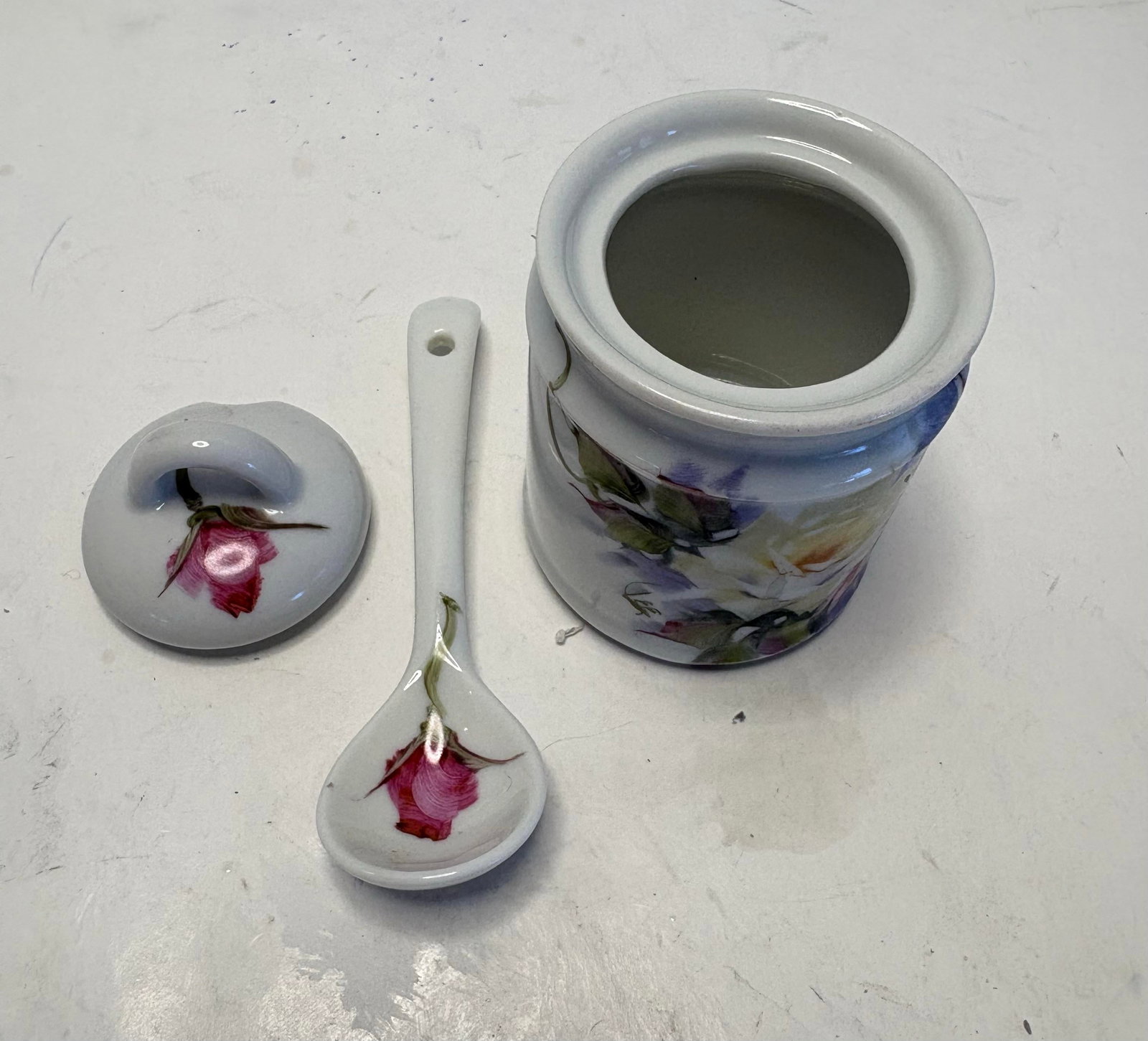 Mid 20th Century Floral Porcelain Jam Pot With Matching Spoon - 5