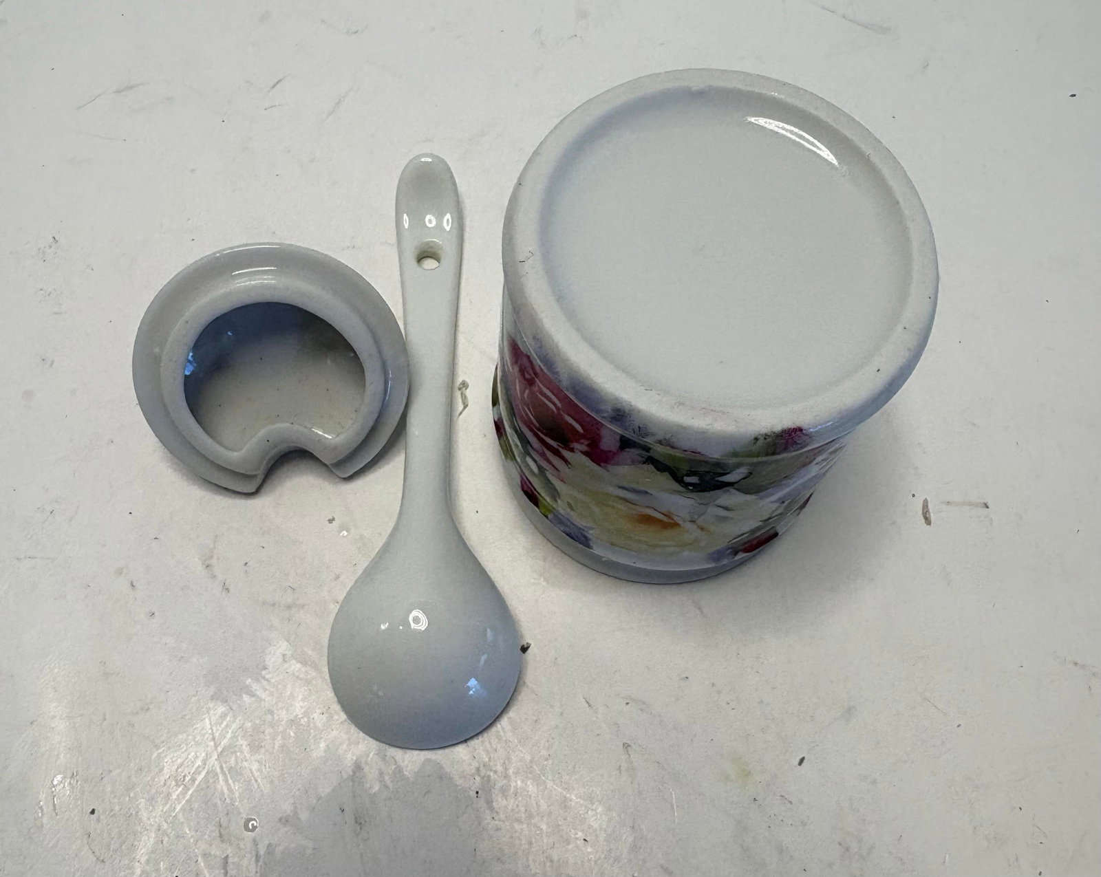 Mid 20th Century Floral Porcelain Jam Pot With Matching Spoon - 7