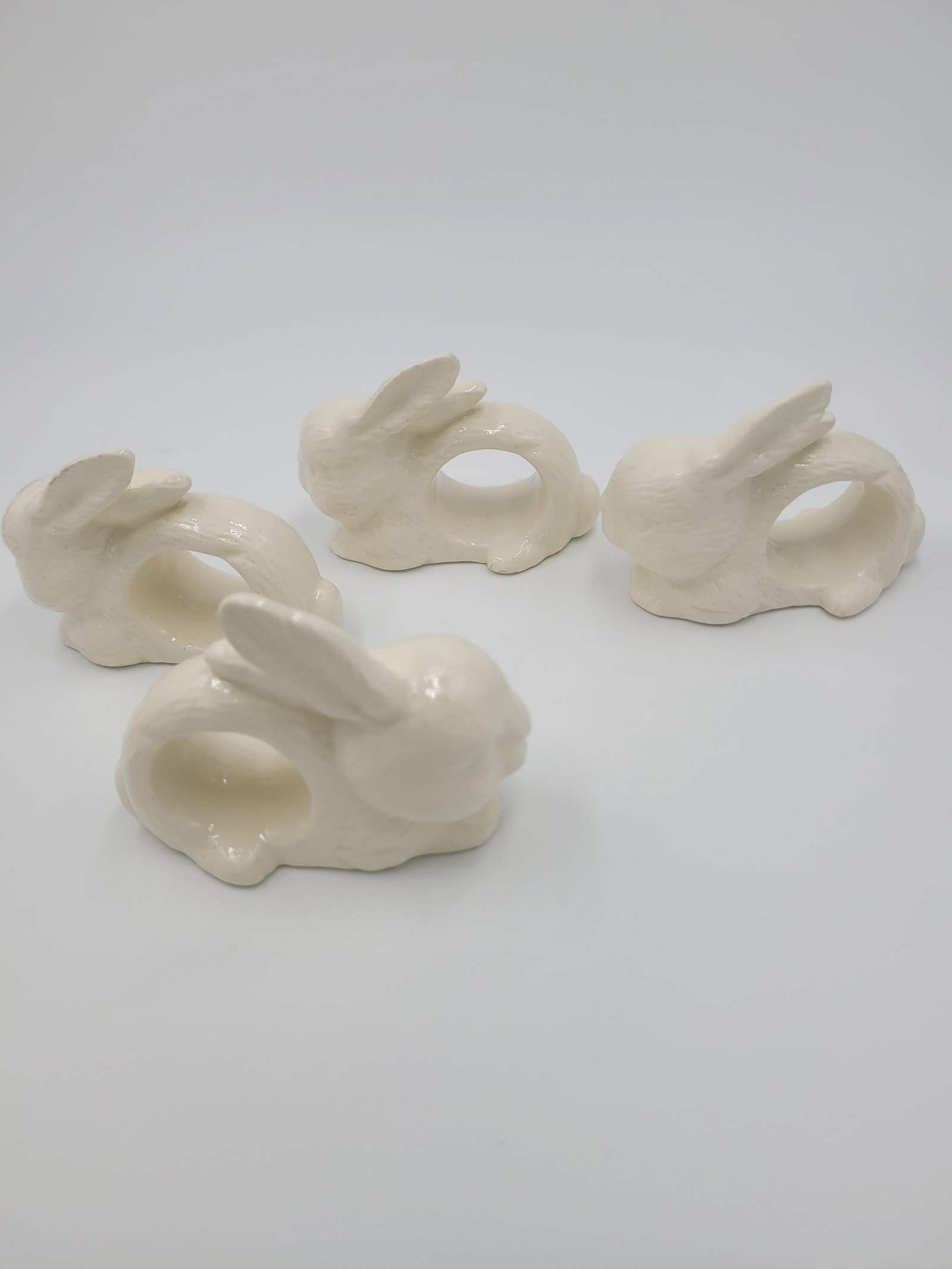 1990s Farmhouse Glazed White Ceramic Bunny Napkin Rings-Set of 4 - 2