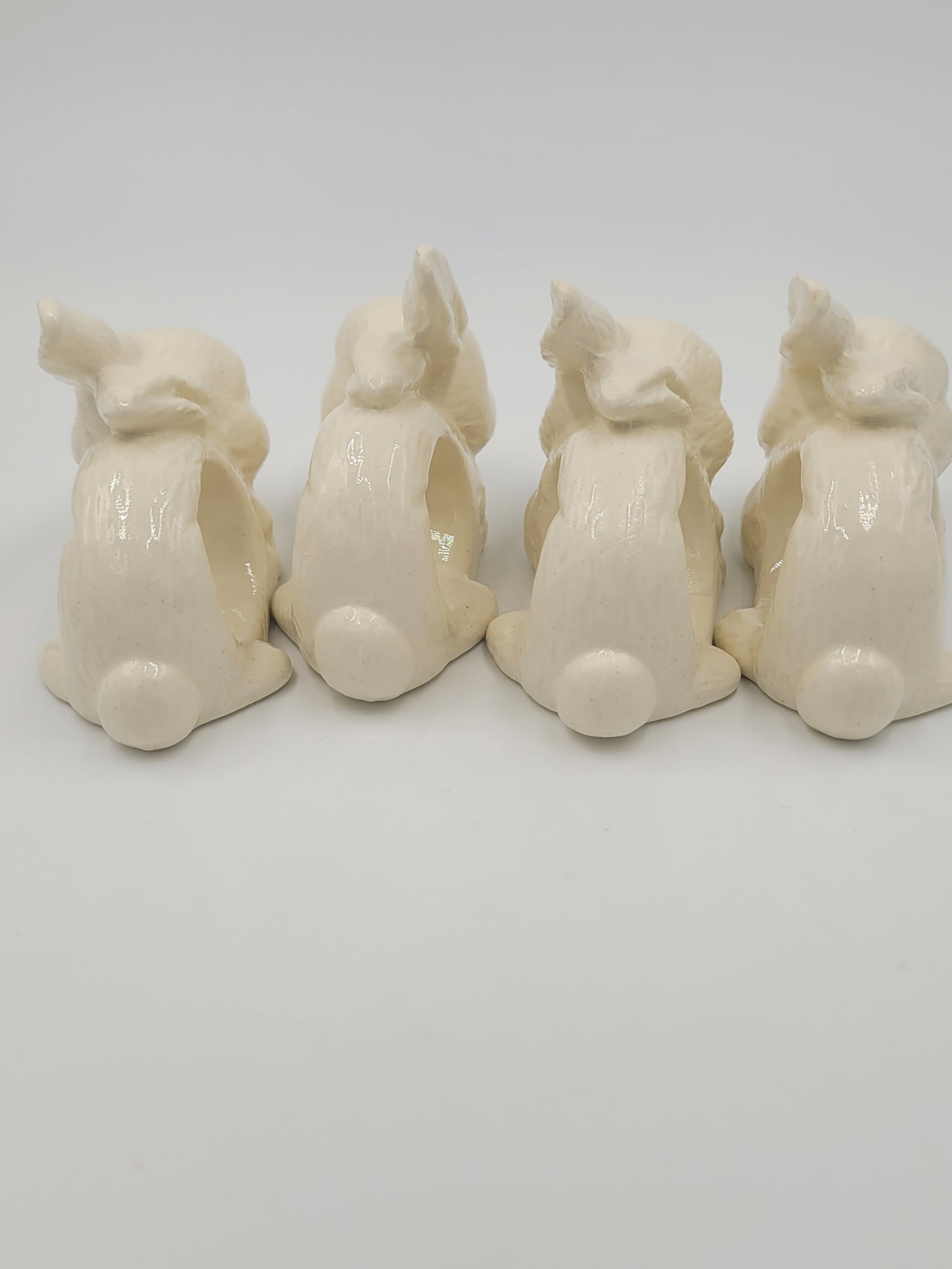 1990s Farmhouse Glazed White Ceramic Bunny Napkin Rings-Set of 4 - 5