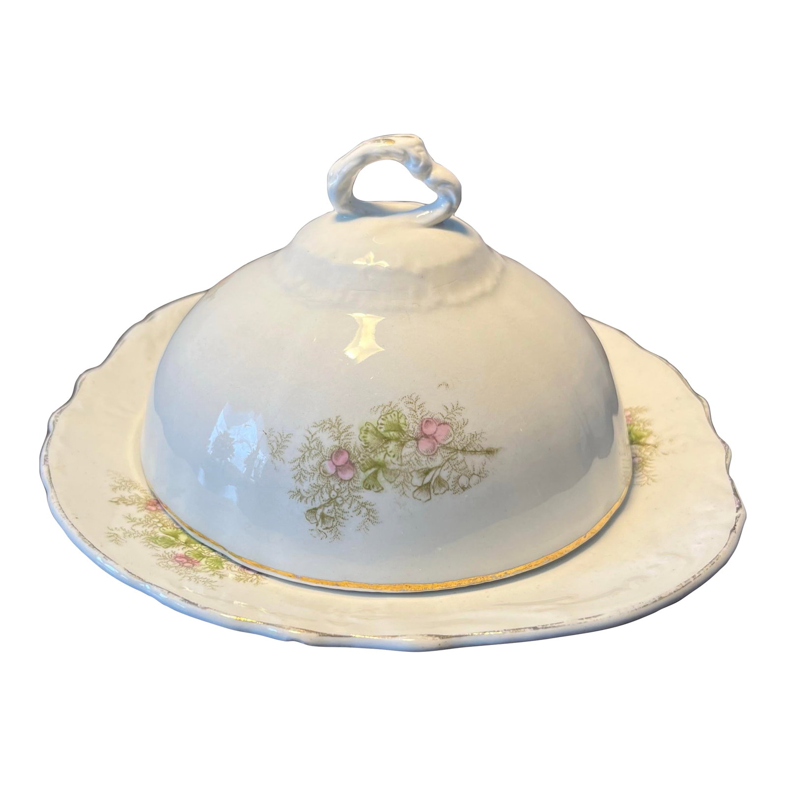 Antique East Palestine Pottery Co. Covered Butter Dish: Antique E.P.P.Co. Covered butter dish produced in Ohio in 1890. Has a dome lid with a delicate pink & green floral pattern and a finial bow. Gold accents a bit worn due to age Of piece . Still