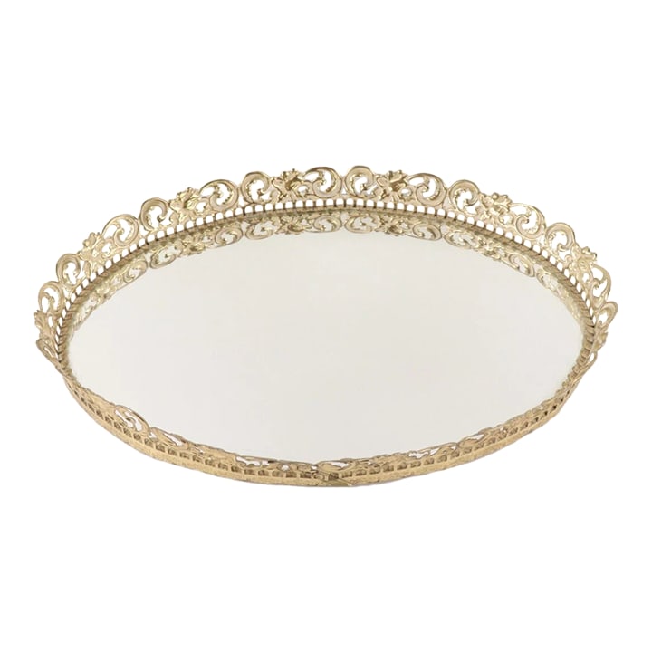 Vintage 70s Mid Century Modern MCM Oval Metal Floral Geometric Mirrored Vanity Tray: Vtg 70s Mid Century Modern MCM Oval Metal Floral Geometric Mirrored Vanity Tray Tray Has patina to the metal and some scratches on the mirror. Measurements in photos. Please view all photos as they