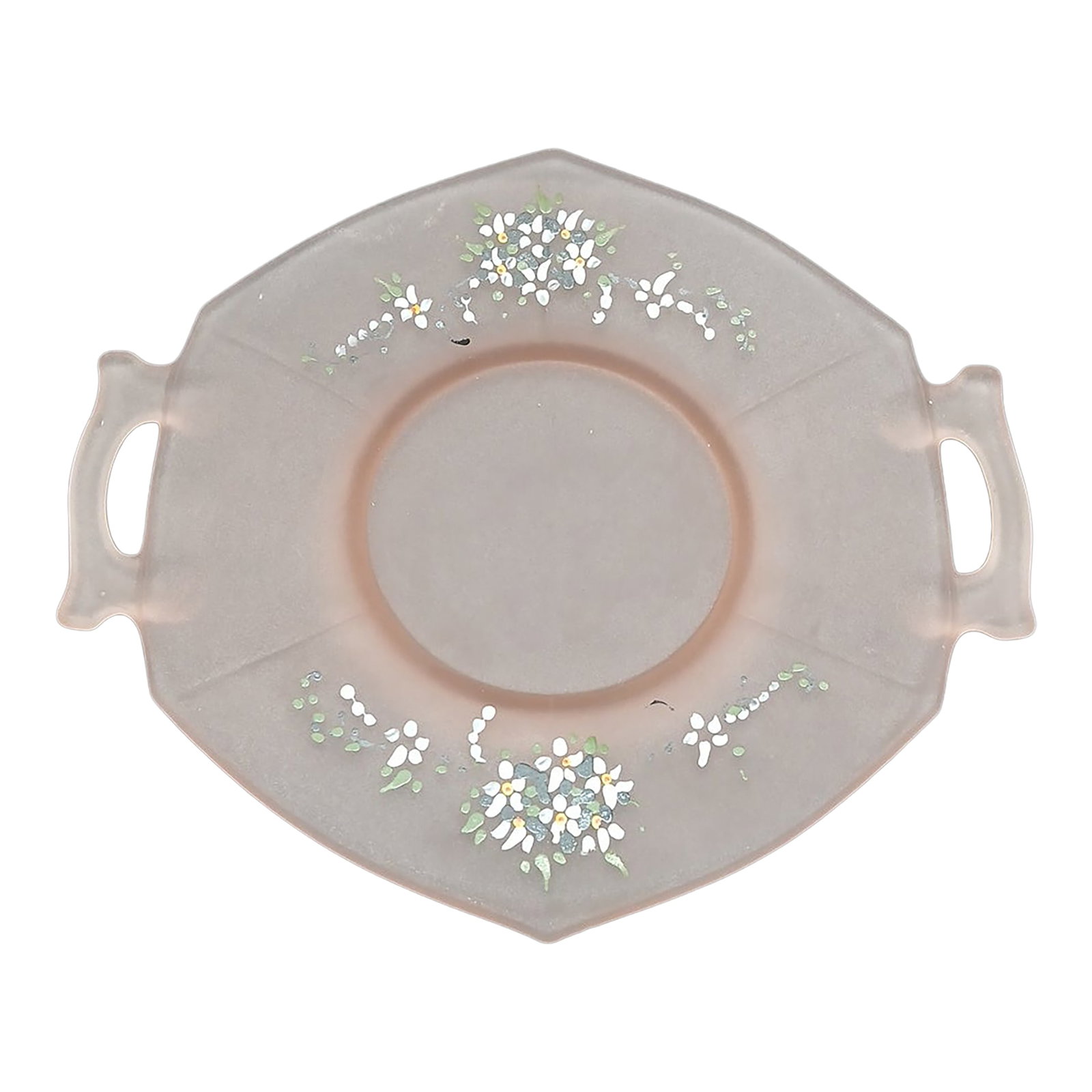 1970s Frosted Pink Octagonal Dish Hand Painted Flowers Dainty Cottage Tea Party Girly: This product is a beautifully hand-painted frosted pink octagon plate from the 1970s, featuring a delicate flower pattern. Measuring about 8 inches from handle to handle, this dainty cottage tea party