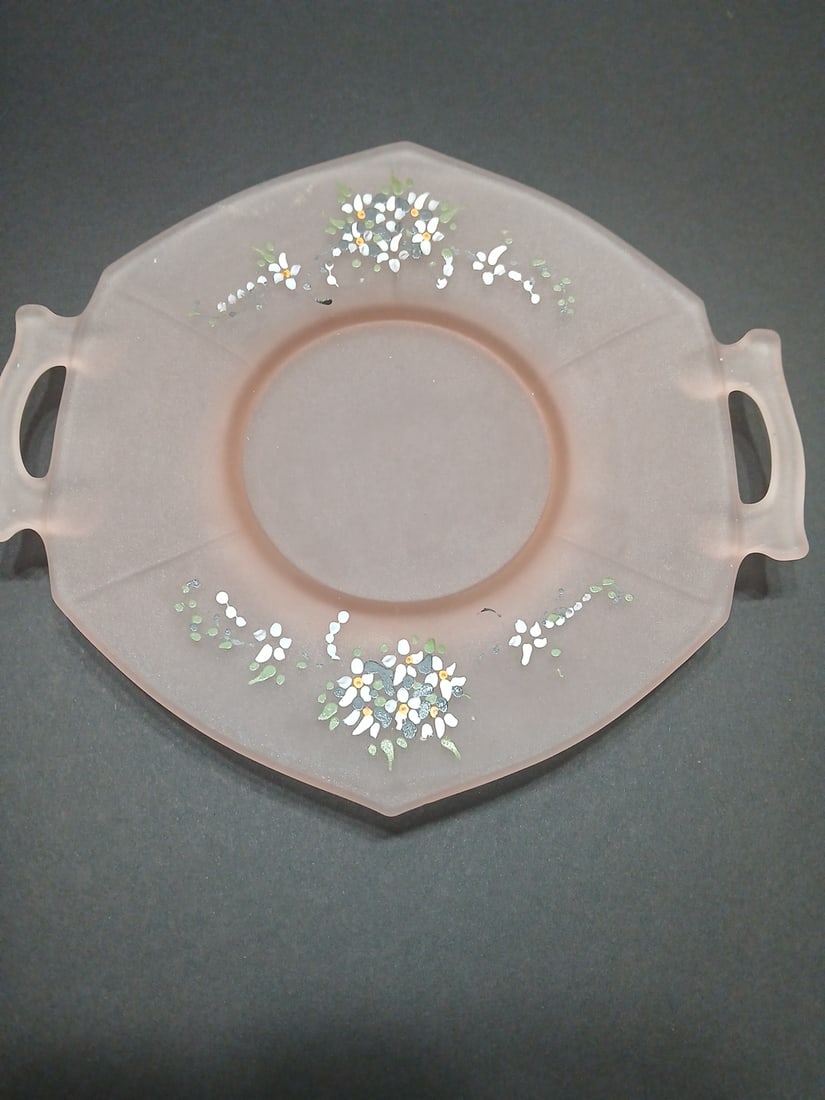 1970s Frosted Pink Octagonal Dish Hand Painted Flowers Dainty Cottage Tea Party Girly - 2