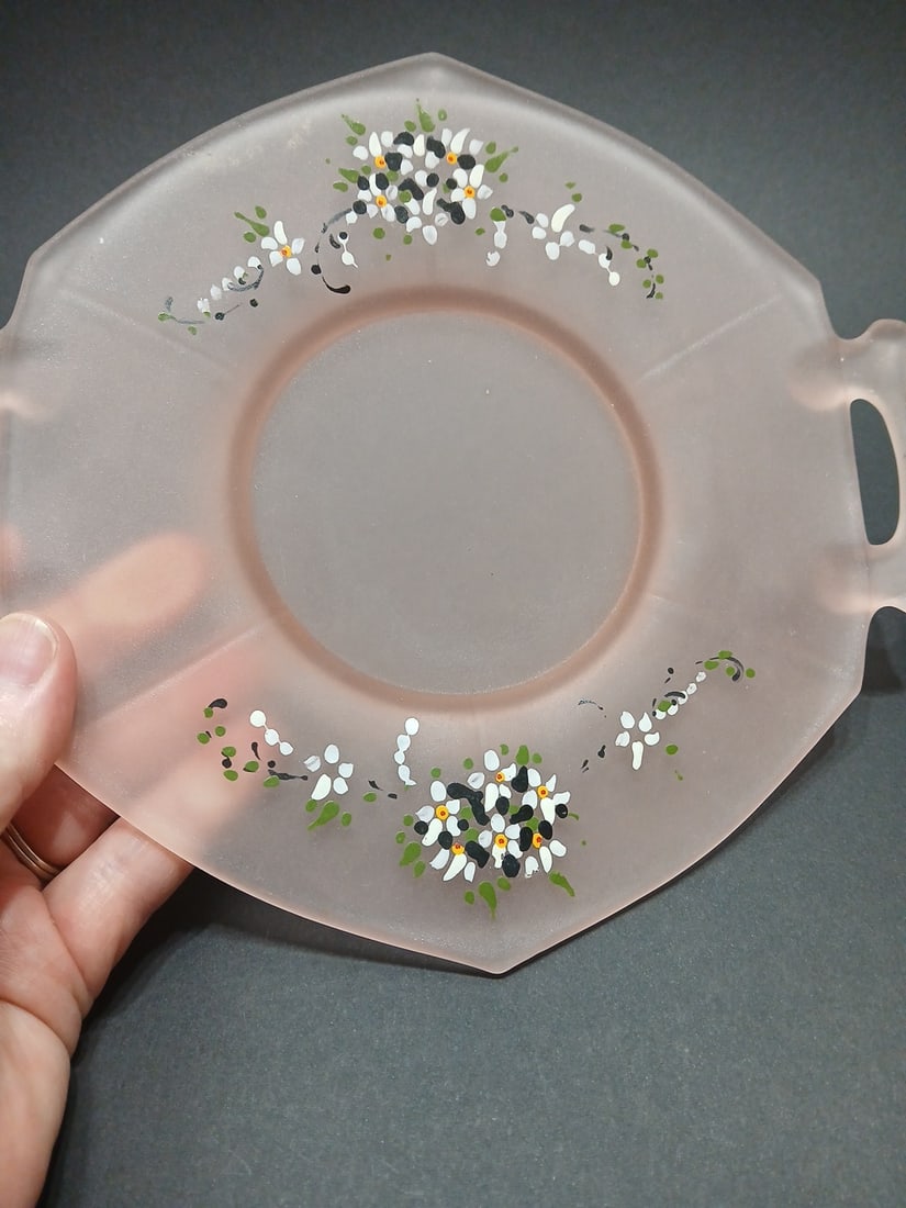 1970s Frosted Pink Octagonal Dish Hand Painted Flowers Dainty Cottage Tea Party Girly - 3