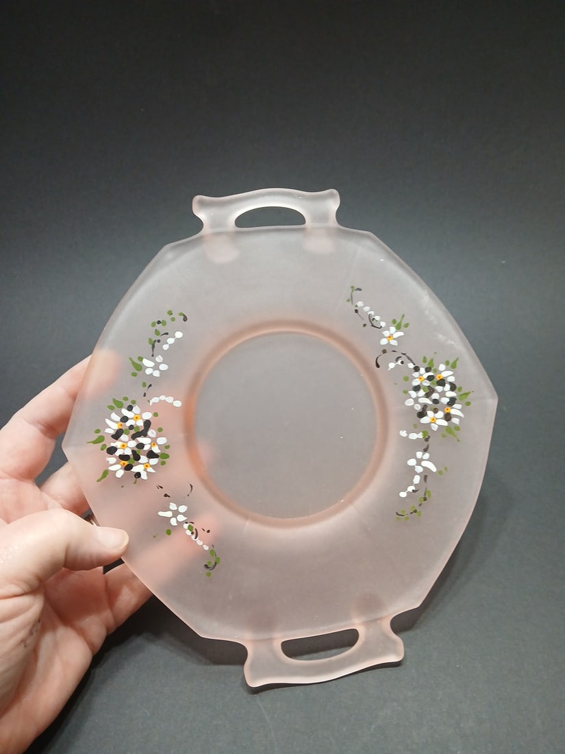 1970s Frosted Pink Octagonal Dish Hand Painted Flowers Dainty Cottage Tea Party Girly - 4