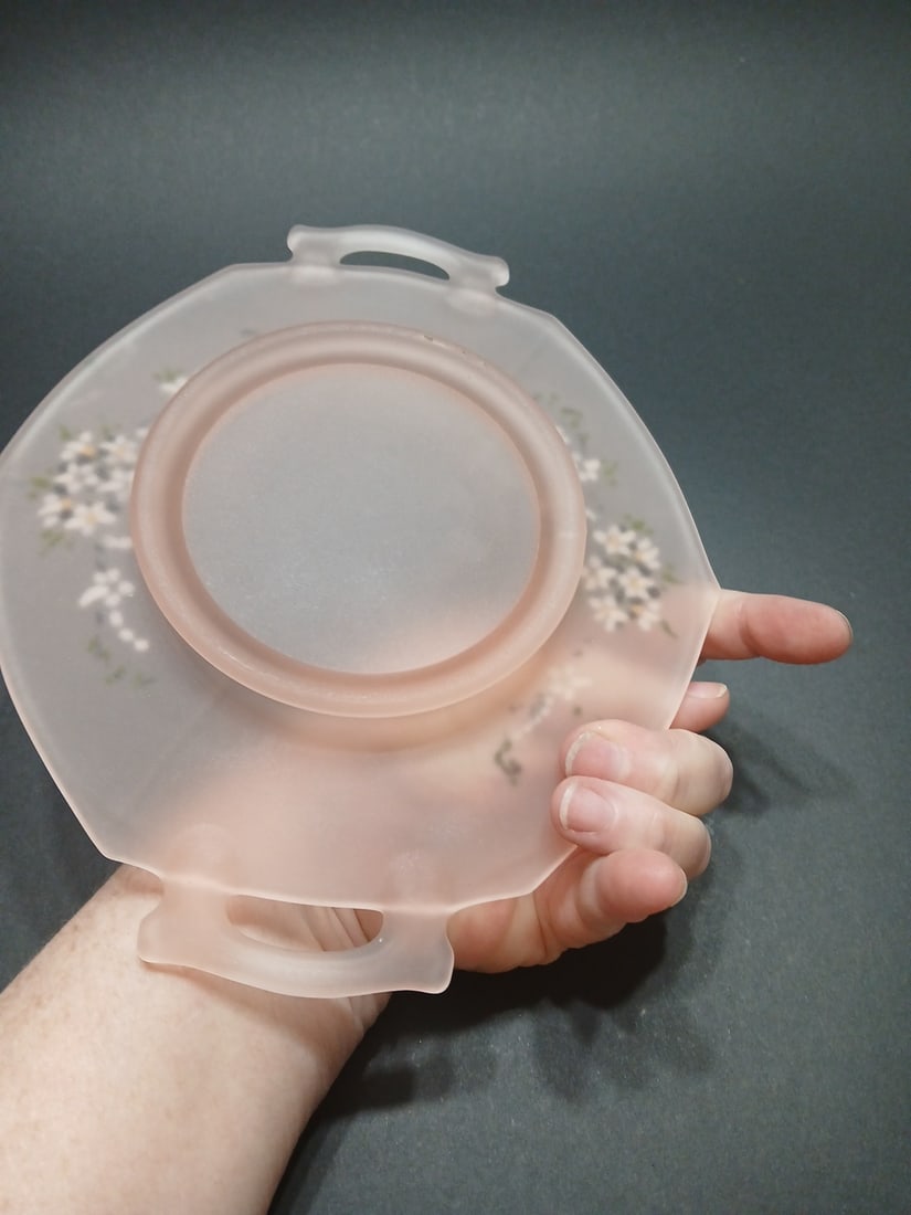 1970s Frosted Pink Octagonal Dish Hand Painted Flowers Dainty Cottage Tea Party Girly - 5