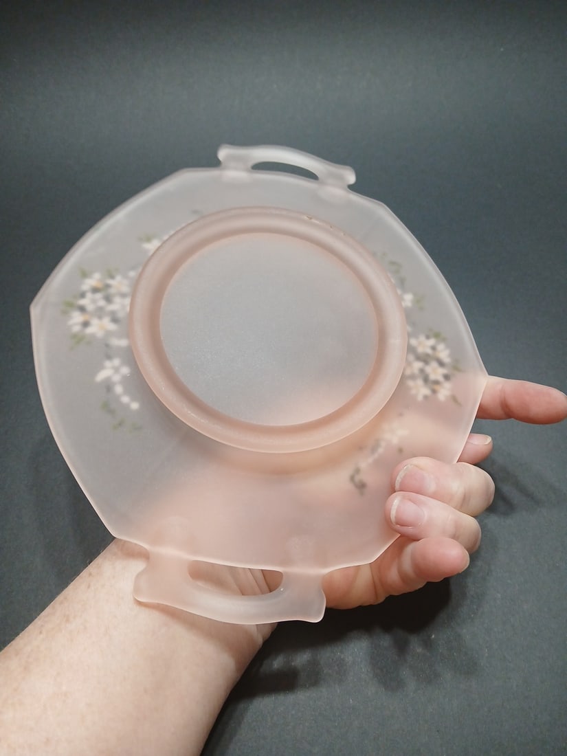 1970s Frosted Pink Octagonal Dish Hand Painted Flowers Dainty Cottage Tea Party Girly - 6
