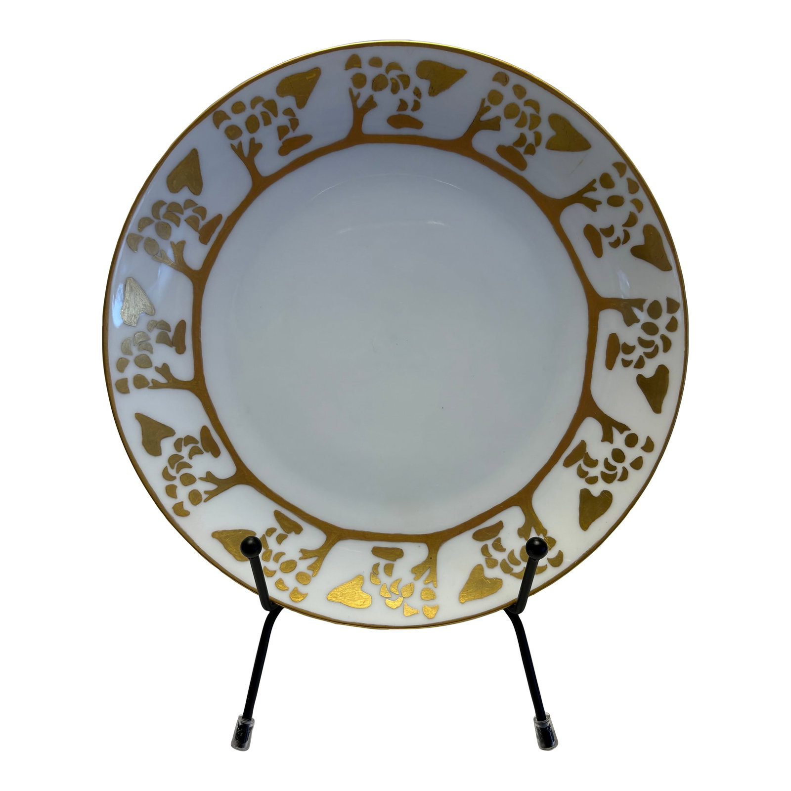 Antique Empire Bavaria Art Nouveau Gilt 8" Cabinet Plate - Crown r.c. Mark, Circa 1920: An elegant early 20th-century Empire Bavaria cabinet plate by Rudolf Wachter & Co., Germany. This piece features a striking Art Nouveau gilt border composed of stylized botanical motifs rendered in