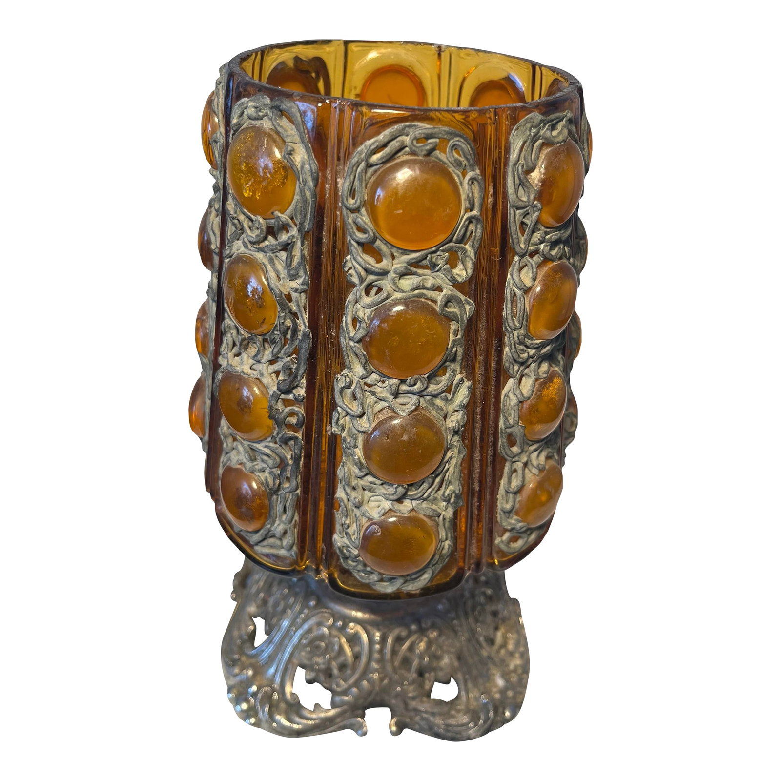 Vintage Mid Century Modern Brutalist Candle Holder: Vintage mid century modern large candle holder in Brutalust design . It is amber glass with large round ed jewels held in place with ir ate metal framework . The base is square and The top is