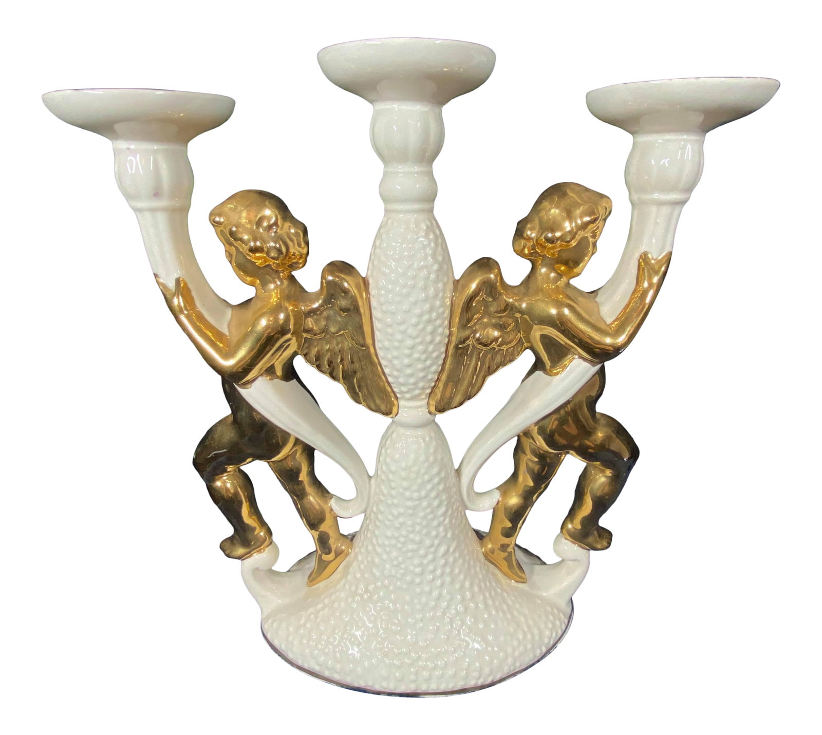 Vintage Italian Gold Gilt & Porcelain Angel Candelabra: Exquisite Italian craftsmanship in this ornate candelabra! Warm golden angels wrap their delicate arms around white columns while their wings support the center column! The base is also trimmed with