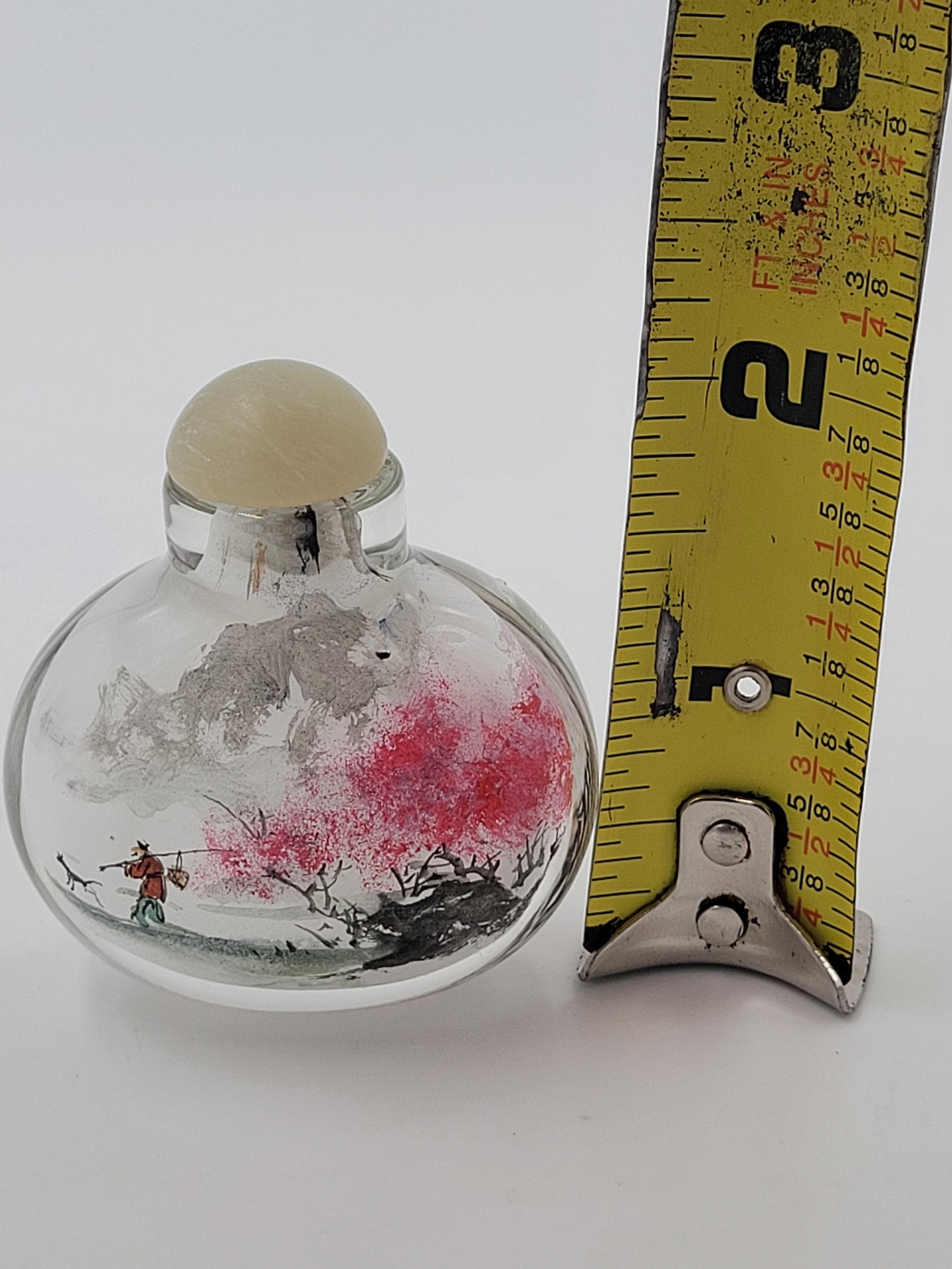 Vintage Chinese Inside-Painted Glass Snuff Bottle Fisherman & Pink Blossom Landscape - 11