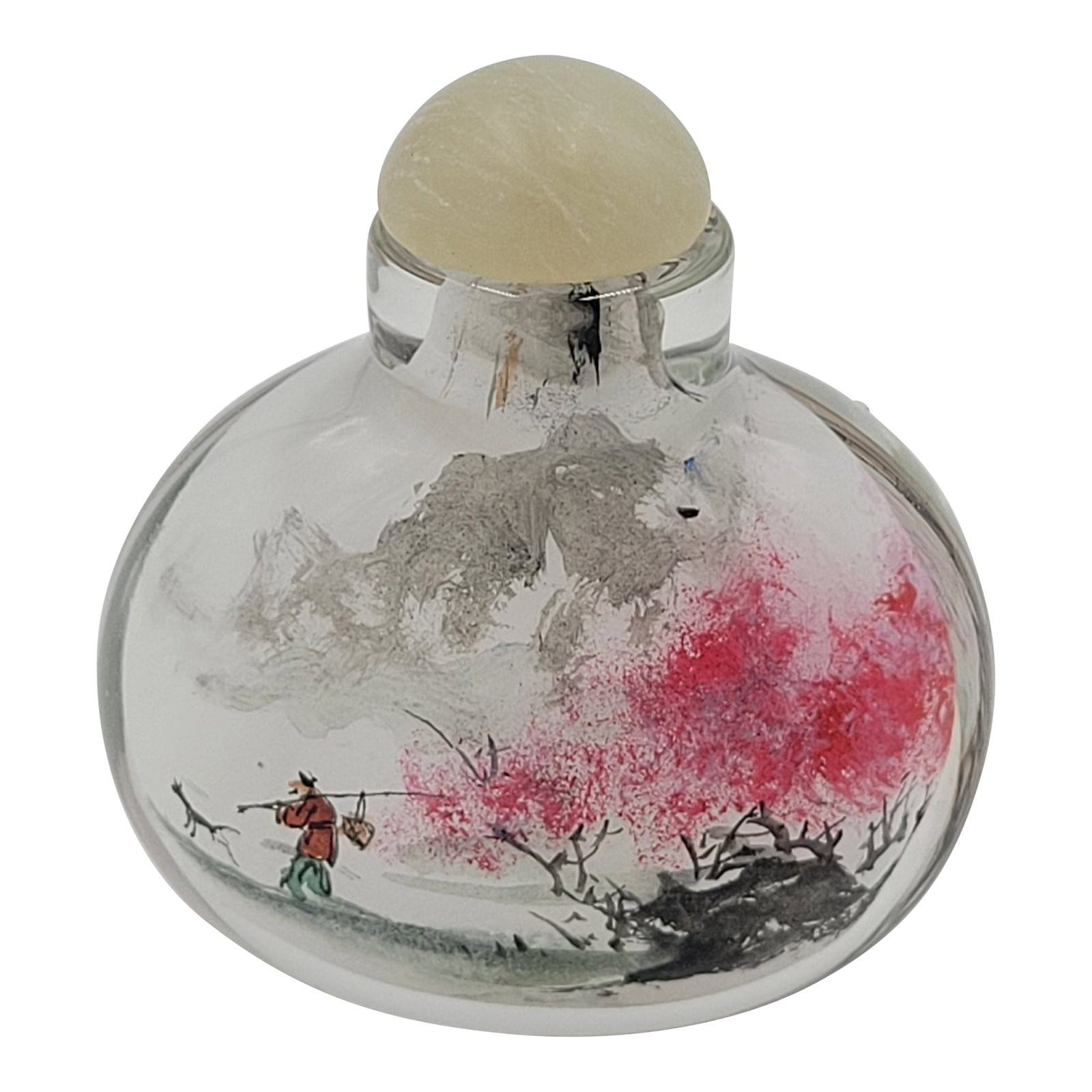 Vintage Chinese Inside-Painted Glass Snuff Bottle Fisherman & Pink Blossom Landscape: An exquisite vintage Chinese snuff bottle, masterfully hand-painted from the inside. This piece features a traditional serene landscape. On one side, a fisherman navigates a small boat under the sweep