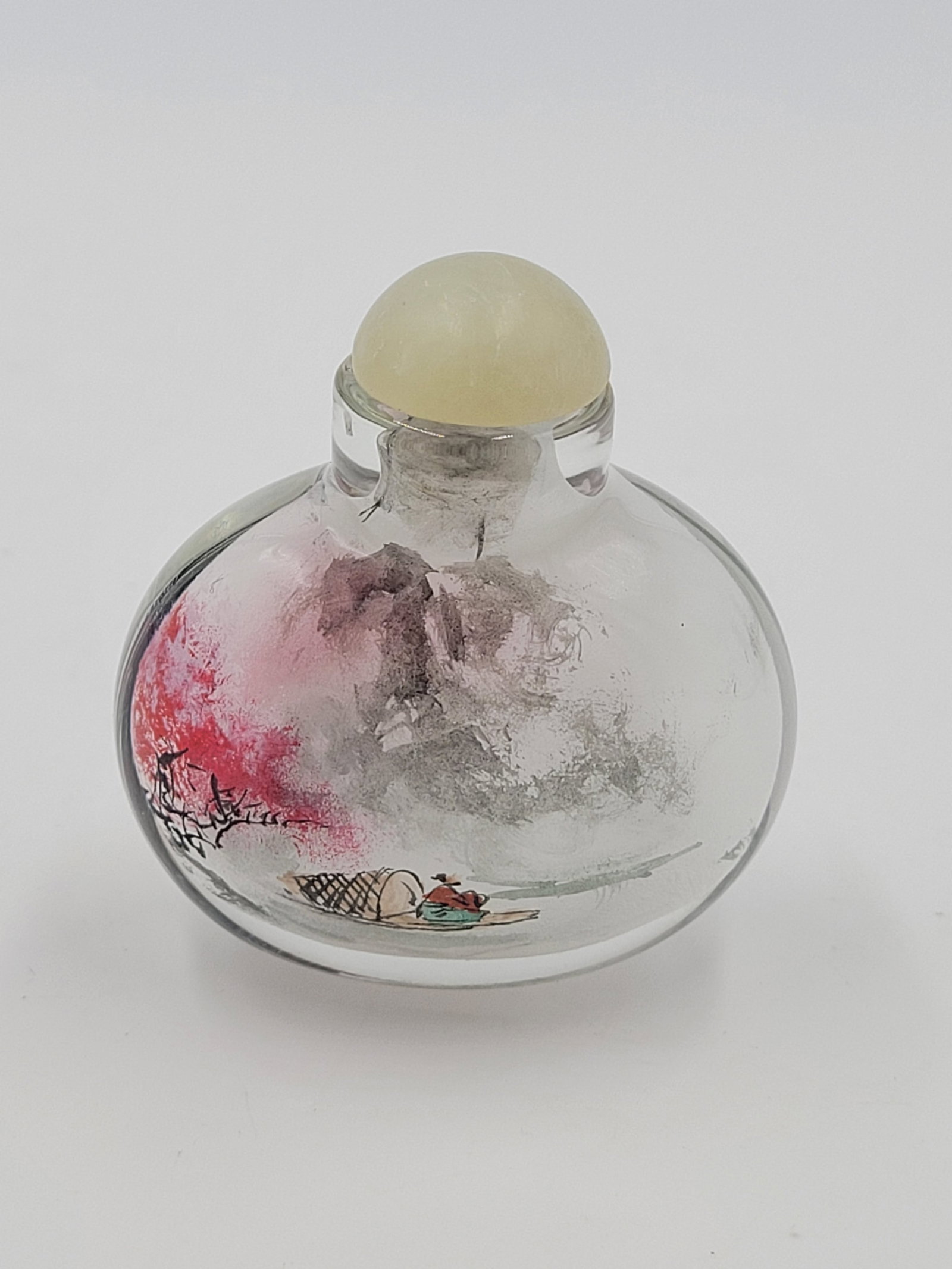 Vintage Chinese Inside-Painted Glass Snuff Bottle Fisherman & Pink Blossom Landscape - 2