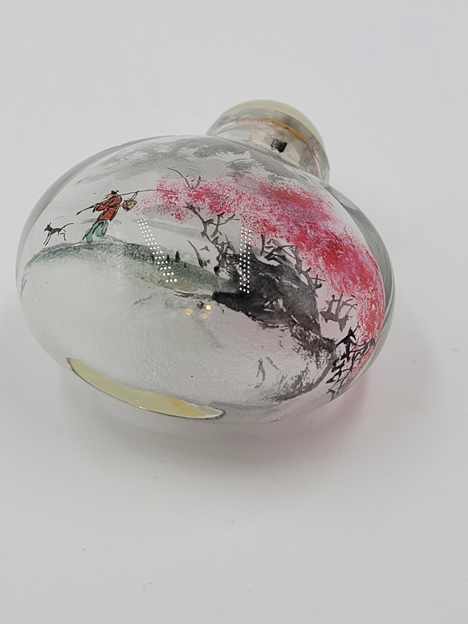 Vintage Chinese Inside-Painted Glass Snuff Bottle Fisherman & Pink Blossom Landscape - 3