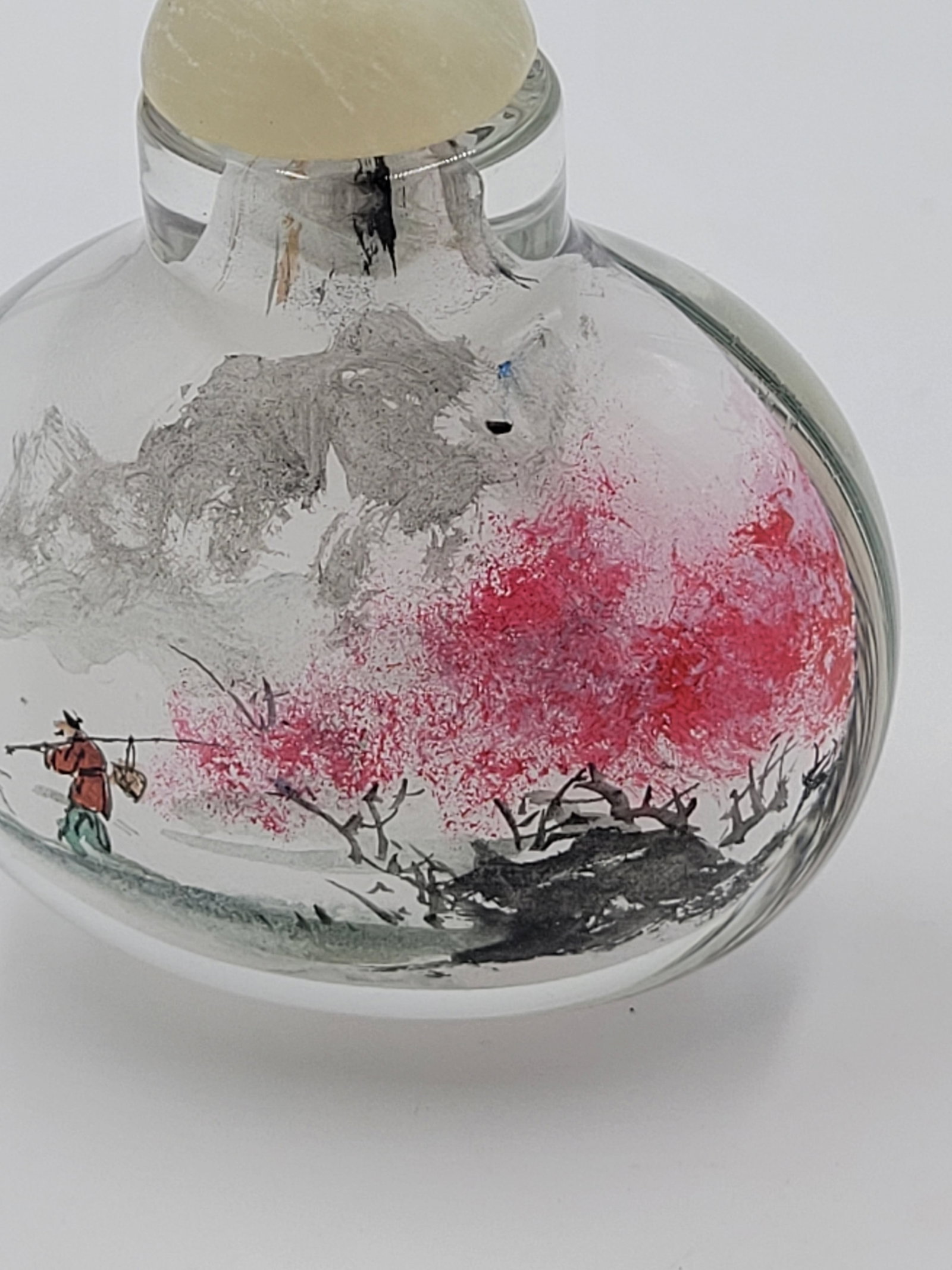 Vintage Chinese Inside-Painted Glass Snuff Bottle Fisherman & Pink Blossom Landscape - 7