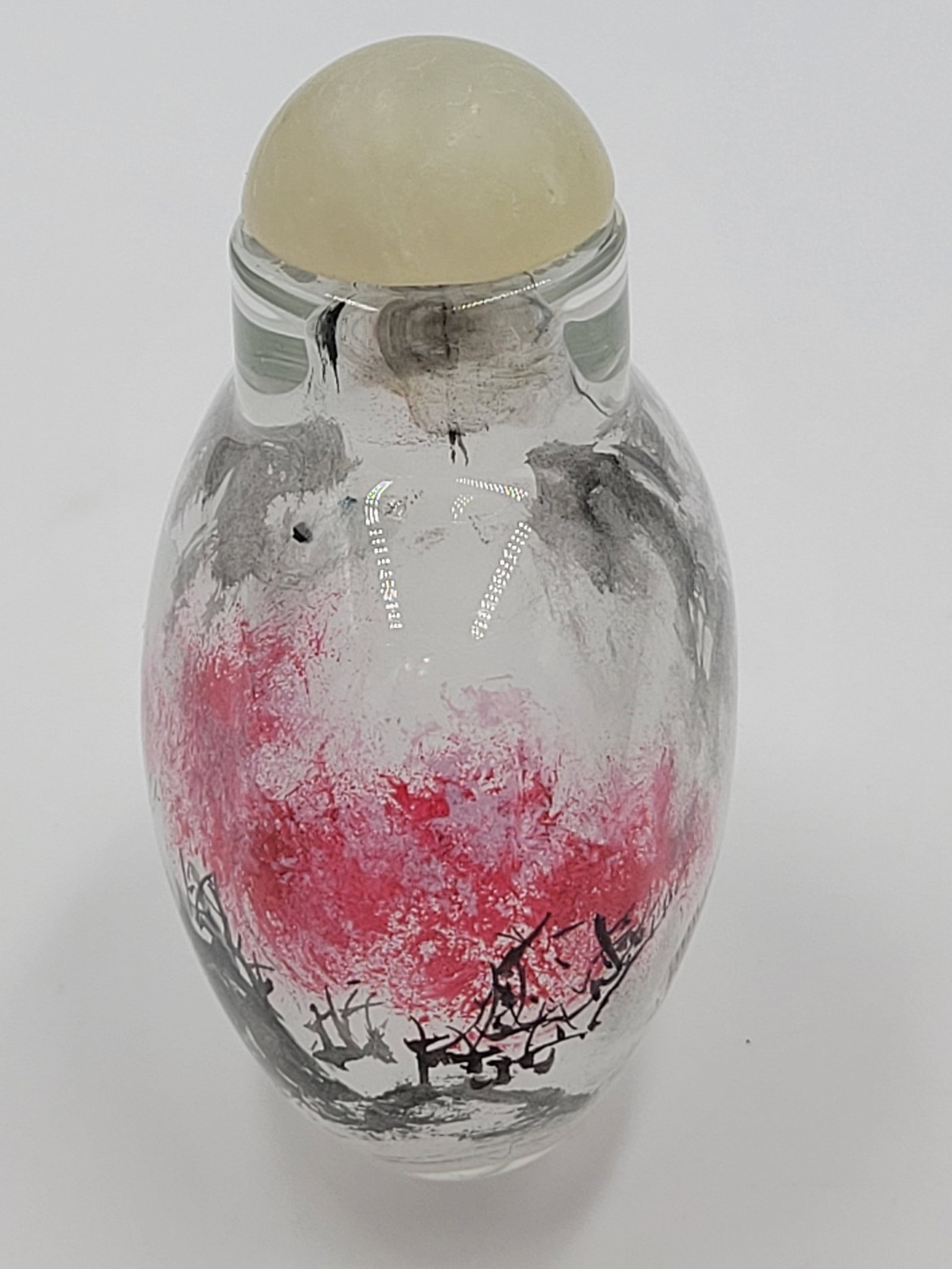 Vintage Chinese Inside-Painted Glass Snuff Bottle Fisherman & Pink Blossom Landscape - 8