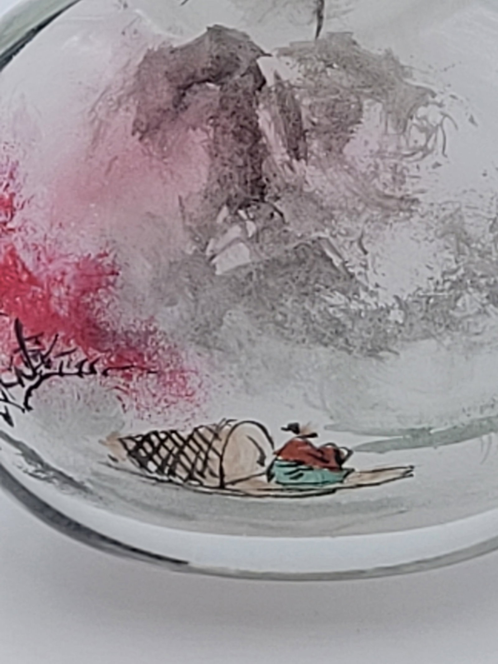 Vintage Chinese Inside-Painted Glass Snuff Bottle Fisherman & Pink Blossom Landscape - 9