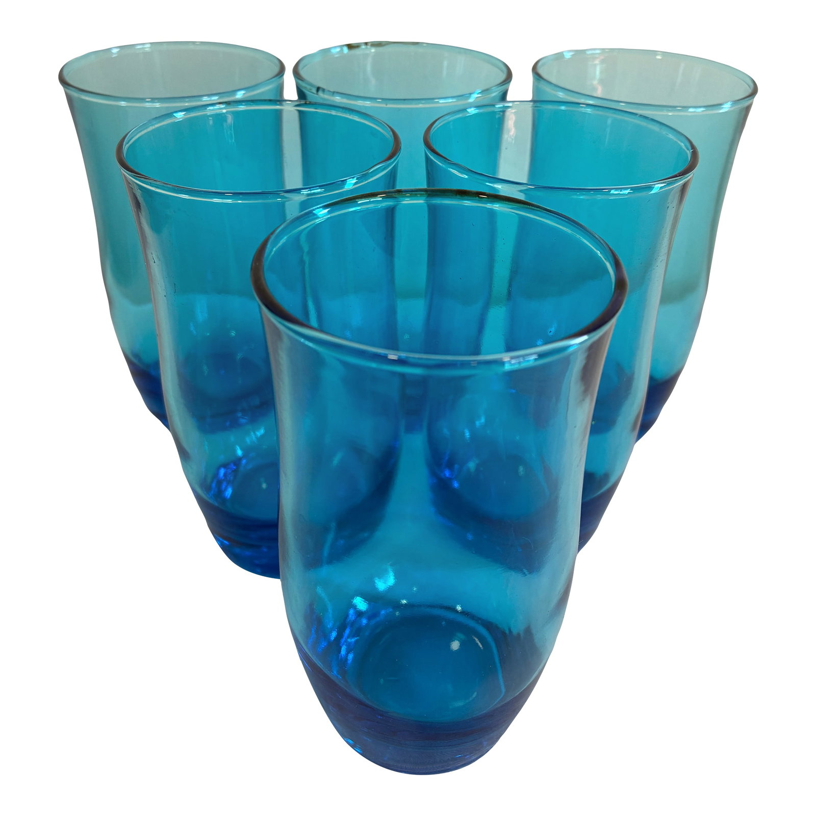 Vintage Mid-Century Modern Aqua Blue Drinking Glass Tumblers - Set of 6: Set of six vintage aqua blue drinking glasses with a darker blue base. These retro tumblers have a clean, timeless shape that works well in Mid-Century, coastal, or farmhouse interiors. Great for ever