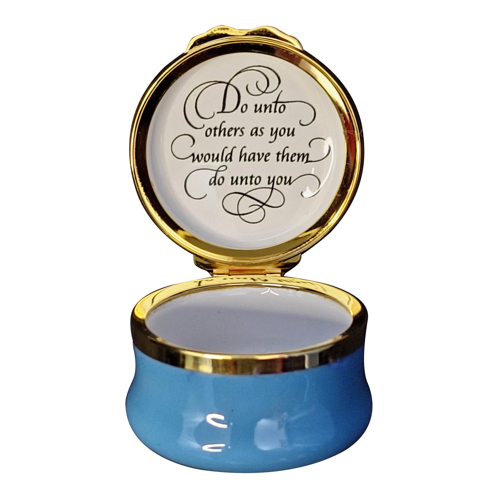 Halcyon Days Trinket Pill Box 2000 the Golden Rule: Halcyon Days Enamels Trinket Box Featuring Two Angels Holding a Scroll Which Reads: The Golden Rule. Every enamel box is meticulously handcrafted in England by adept craftsmen and skilled artisans