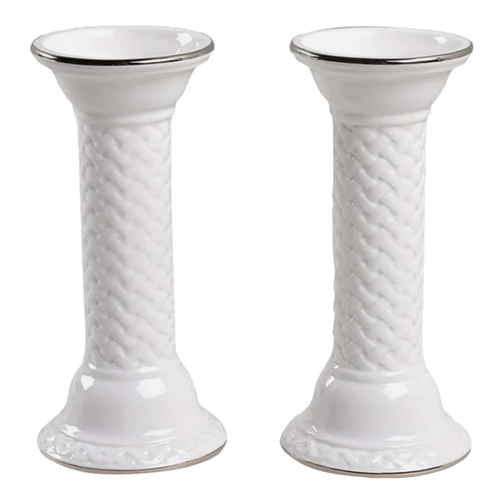 Lenox Set of Woven Candlesticks ~ Platinum Illuminations Collection ~ Bone China: Lenox Platinum Illuminations Series: A Pair of Woven Candlesticks. An elegant and versatile decorative set. A true classic, this set is perfect for a simple bookcase addition or to be used to dress