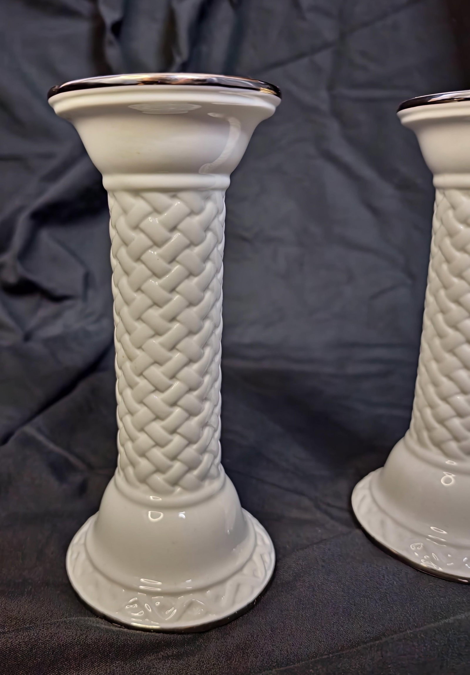 Lenox Set of Woven Candlesticks ~ Platinum Illuminations Collection ~ Bone China - 4