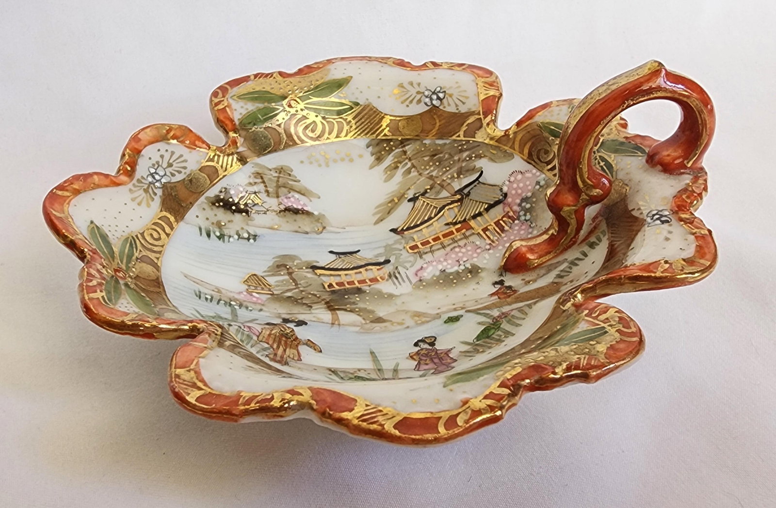Antique Hand Painted Japanese Kutani Porcelain Trinket Bowl Asian Handled Bowl Decor - 3